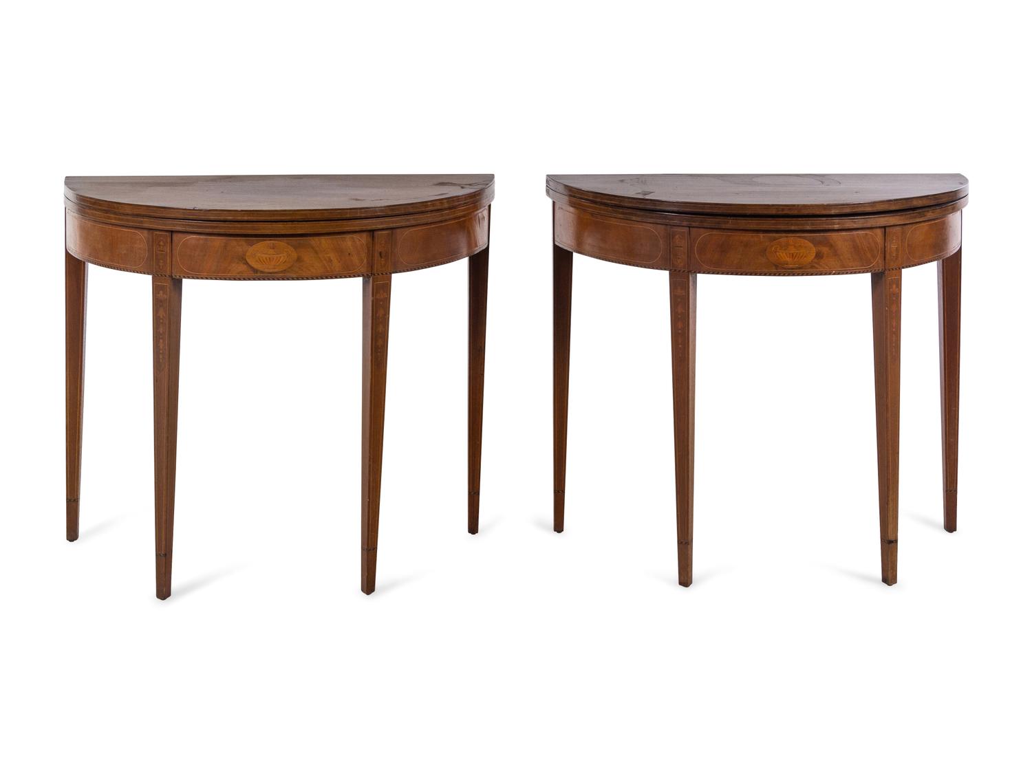 A Pair of George III Style Mahogany and Marquetry Flip-Top Tables