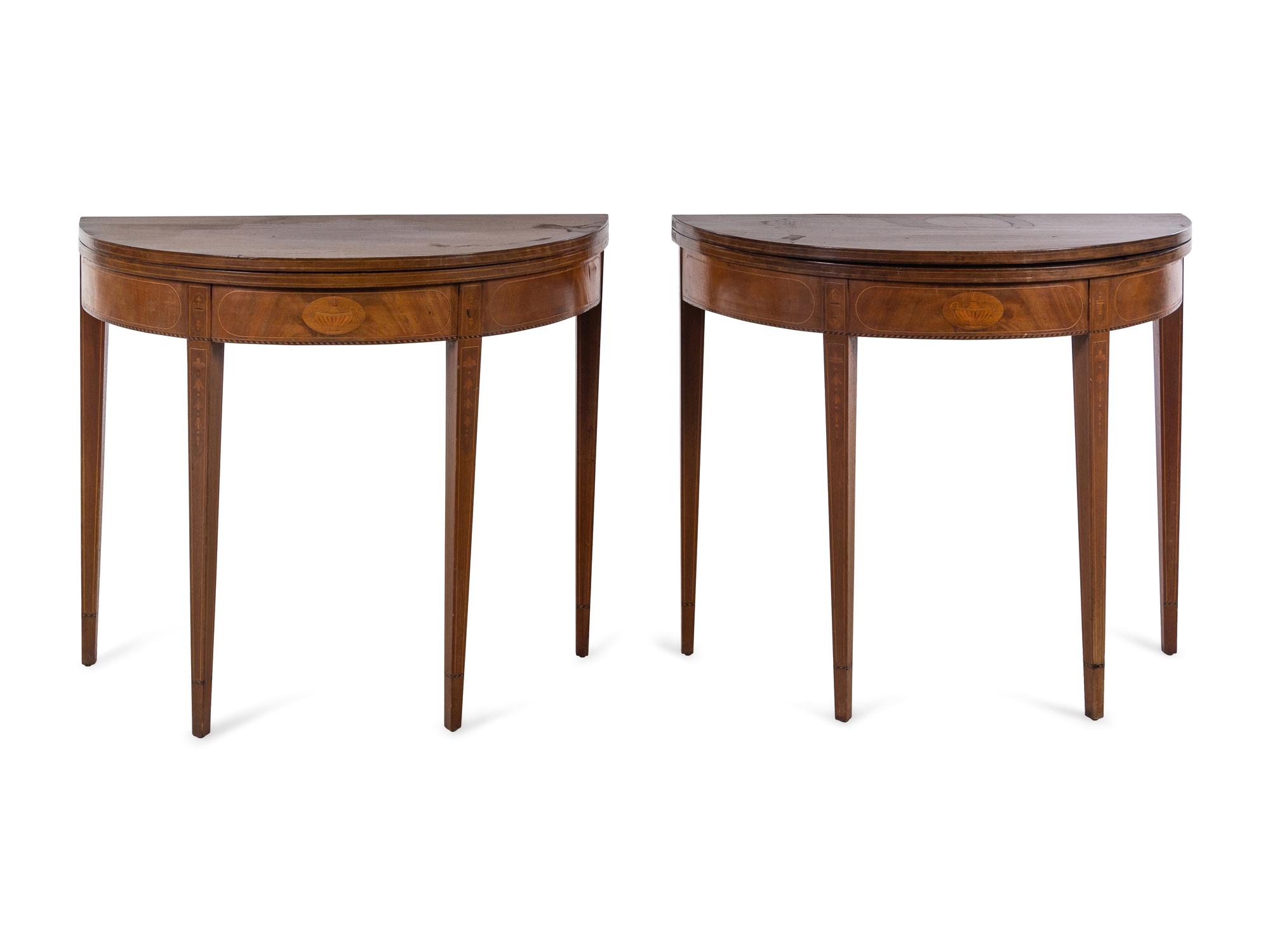A Pair of George III Style Mahogany and Marquetry Flip-Top Tables