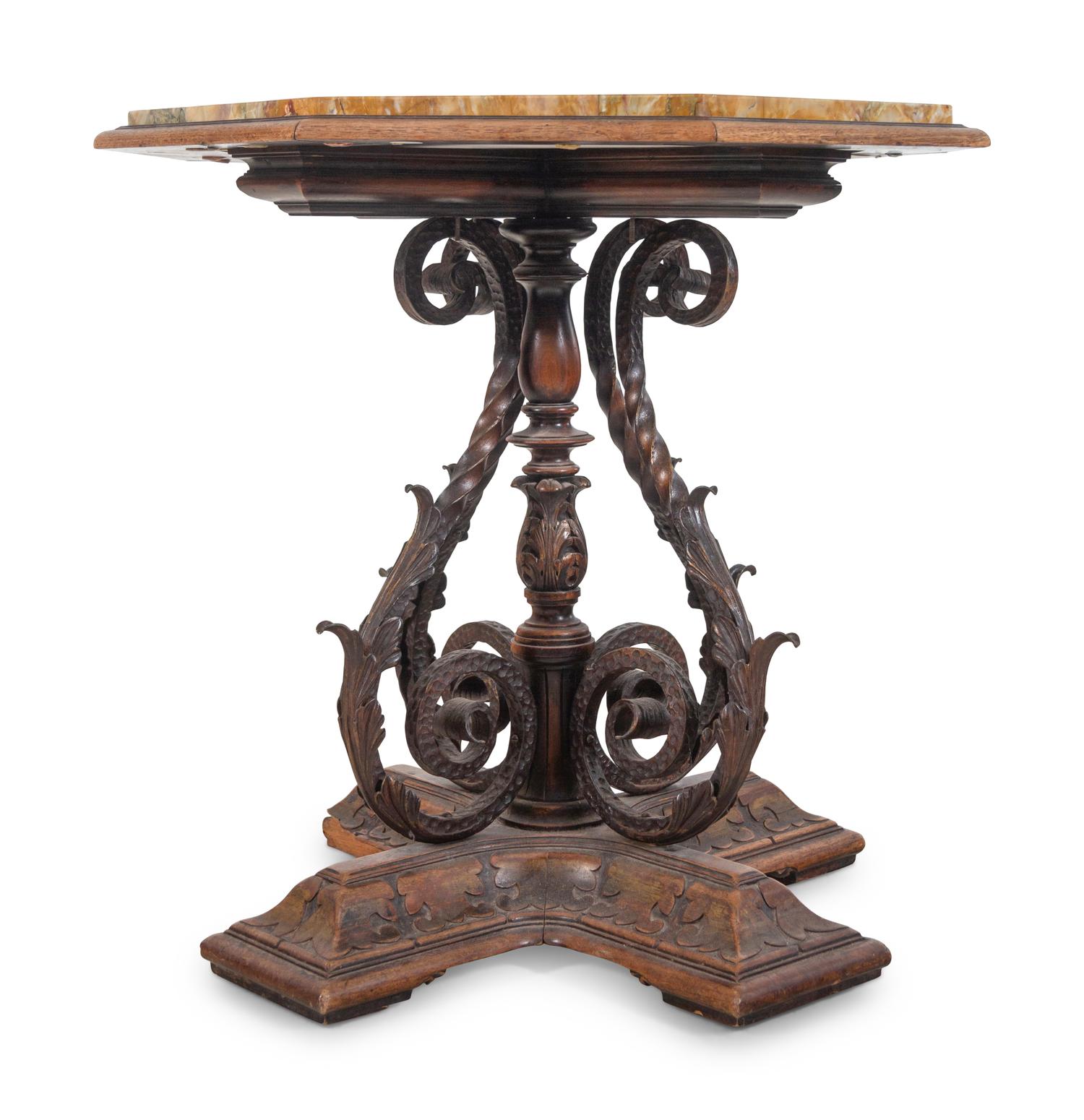A Continental Iron Mounted Walnut Marble-Top Table