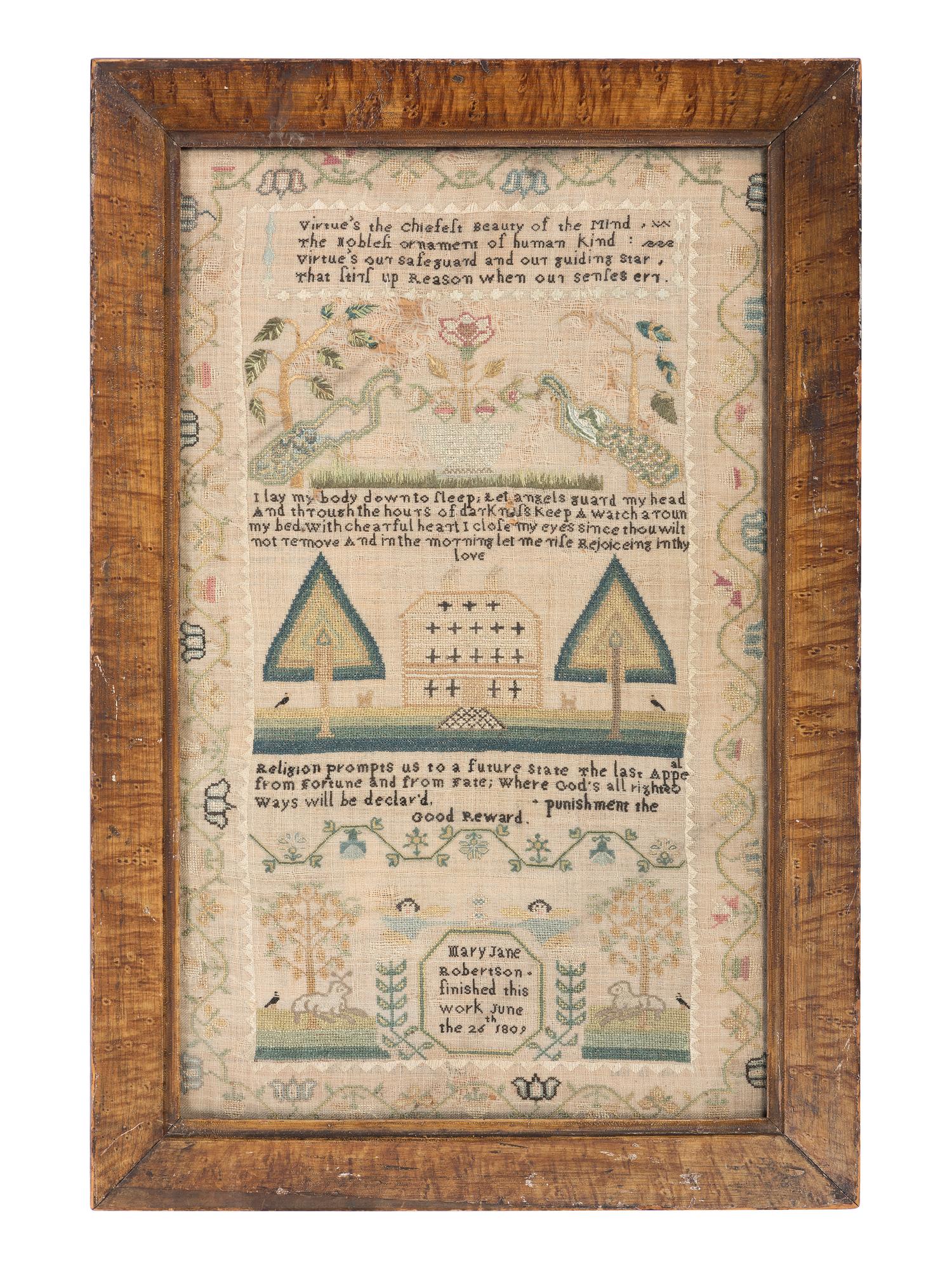 A Pictorial Needlework Sampler in a Grain-Painted Frame