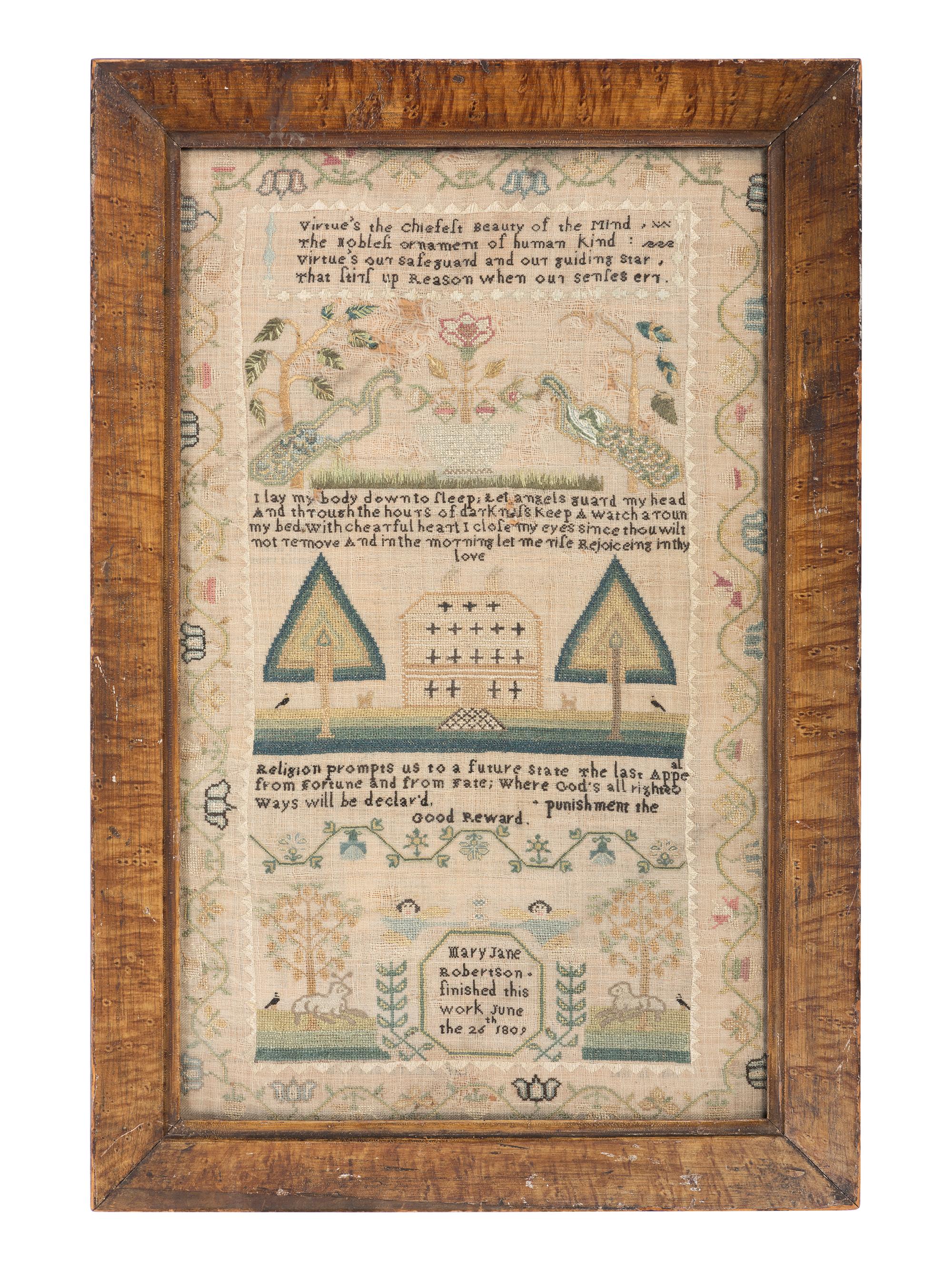A Pictorial Needlework Sampler in a Grain-Painted Frame