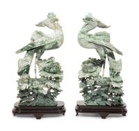 A Pair of Chinese Carved Jadeite Figures of Phoenixes