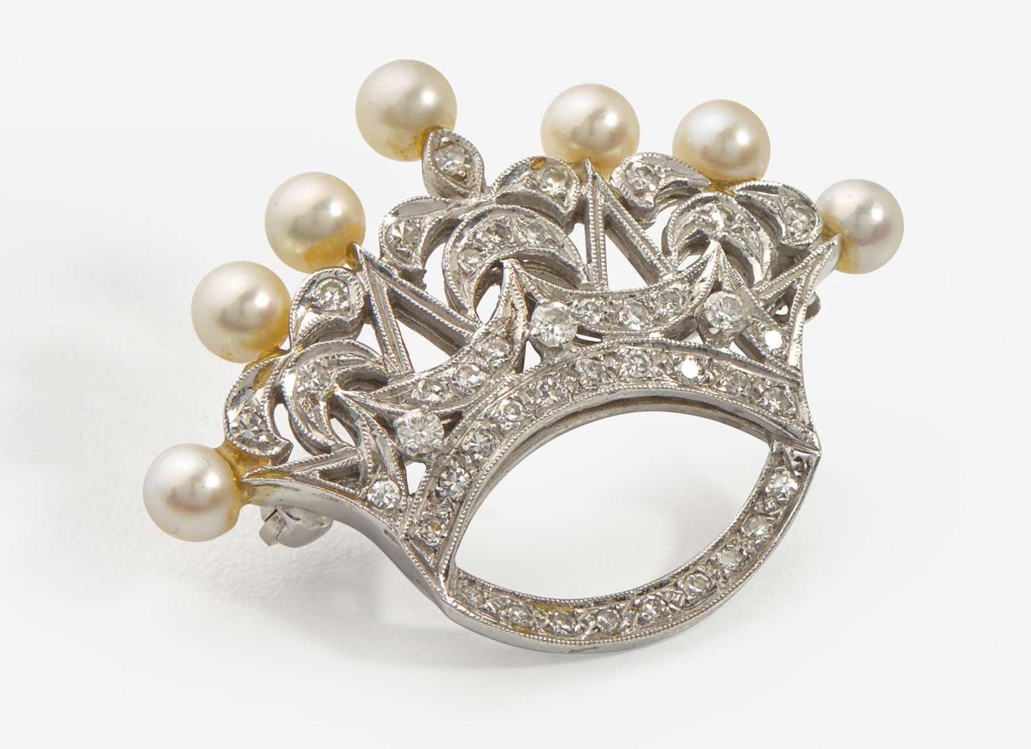 A 14K White Gold, Diamond, and Pearl Brooch