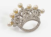 A 14K White Gold, Diamond, and Pearl Brooch