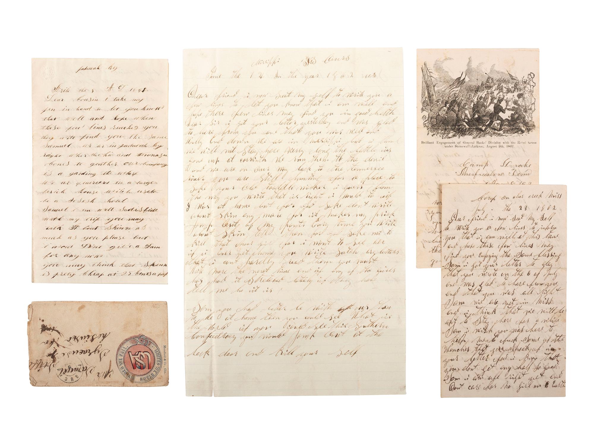 [CIVIL WAR]. A group of 3 letters addressed to Samuel Stiffler of Syracuse, Indiana, from soldiers with whom he had previously served in Co. G, Indiana 48th Infantry, containing explicit content related to prostitution and sexual activity.