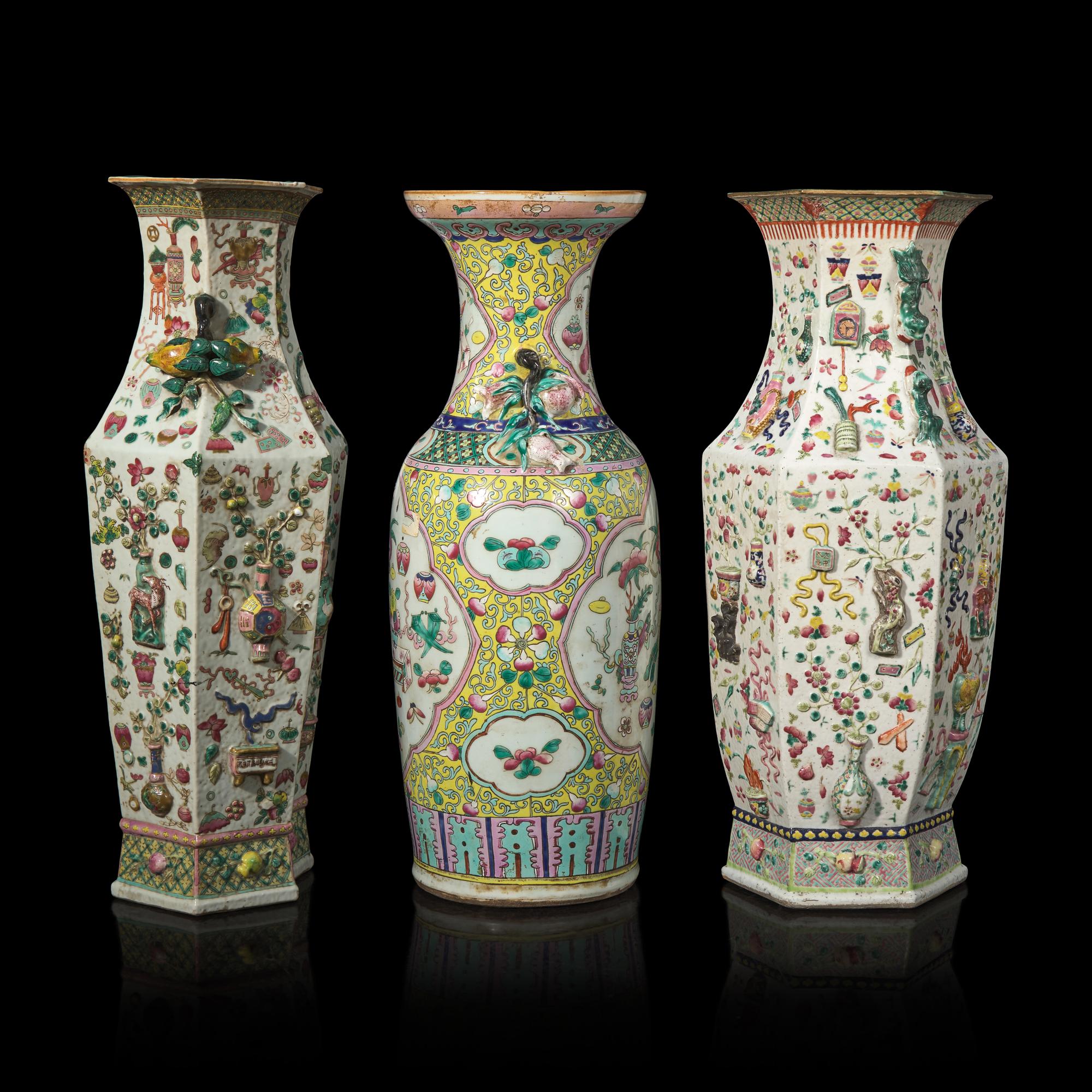 Three Chinese Famille Rose Porcelain 'Bogu' Vases, Late 19th-20th Century — 晚清-民國 粉彩博古圖賞瓶三件