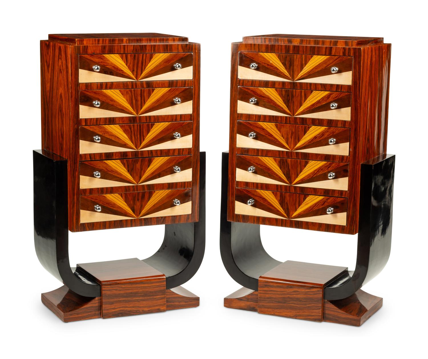 A Pair of Art Deco Style Rosewood and Parquetry Tall Chests