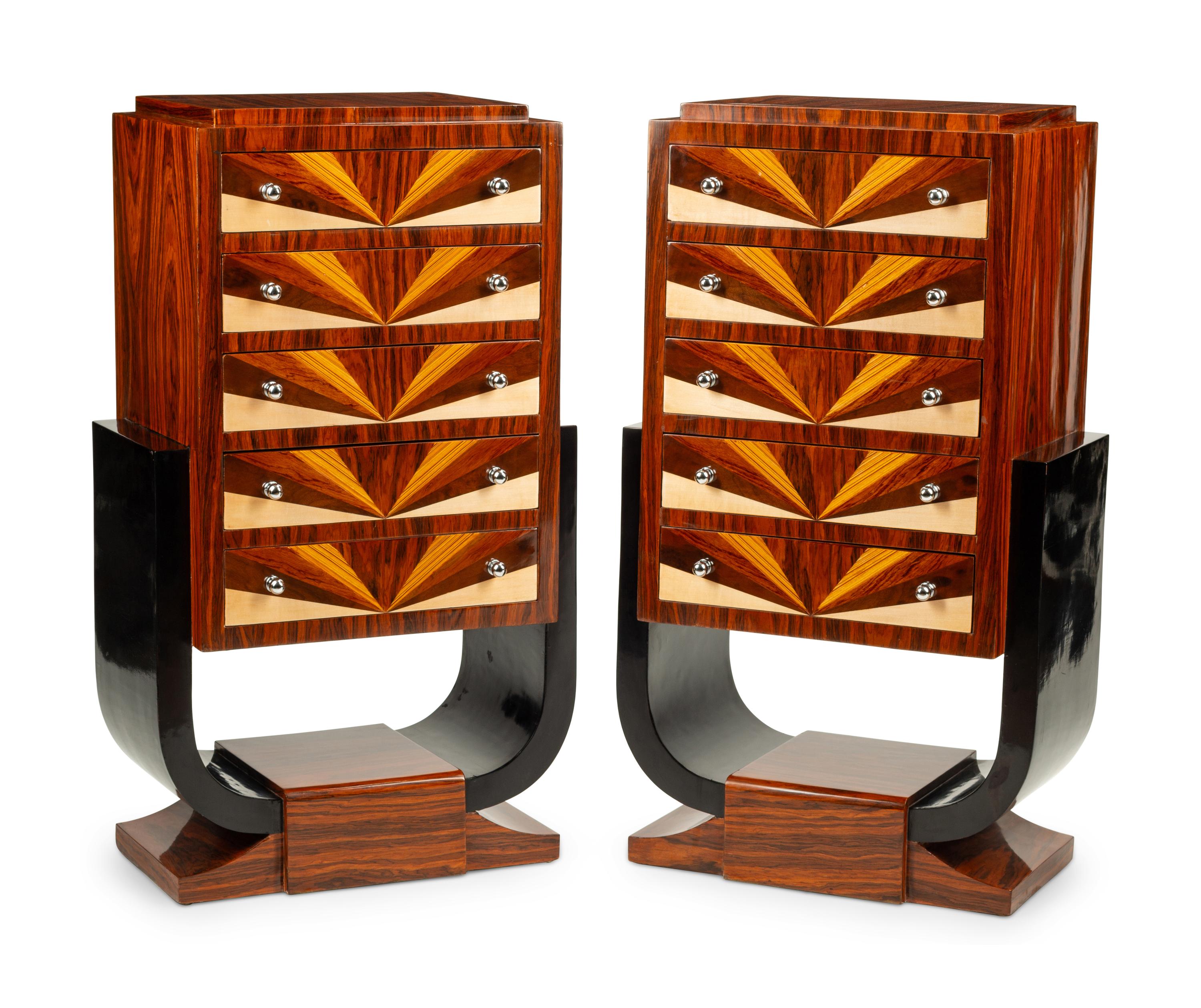 A Pair of Art Deco Style Rosewood and Parquetry Tall Chests