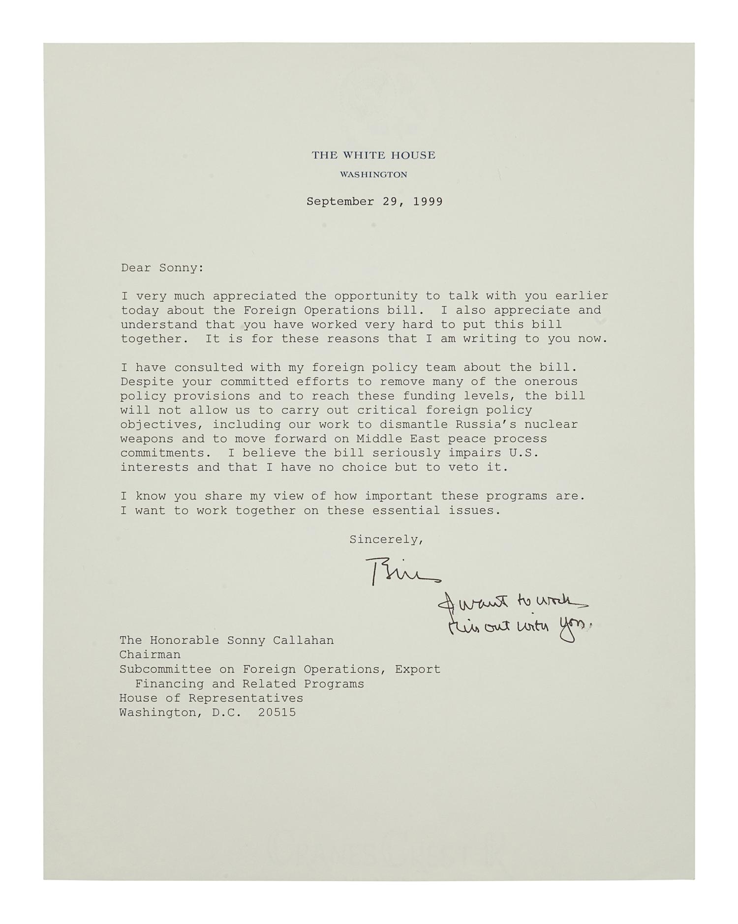 CLINTON, William Jefferson (b. 1946). Typed letter signed (“Bill Clinton”), with one holograph emendation, as United States President, to Carlos J. Moorhead. Washington D. C., 17 November 1993. 1 page, 8vo, on White House letterhead, three-hole punch.