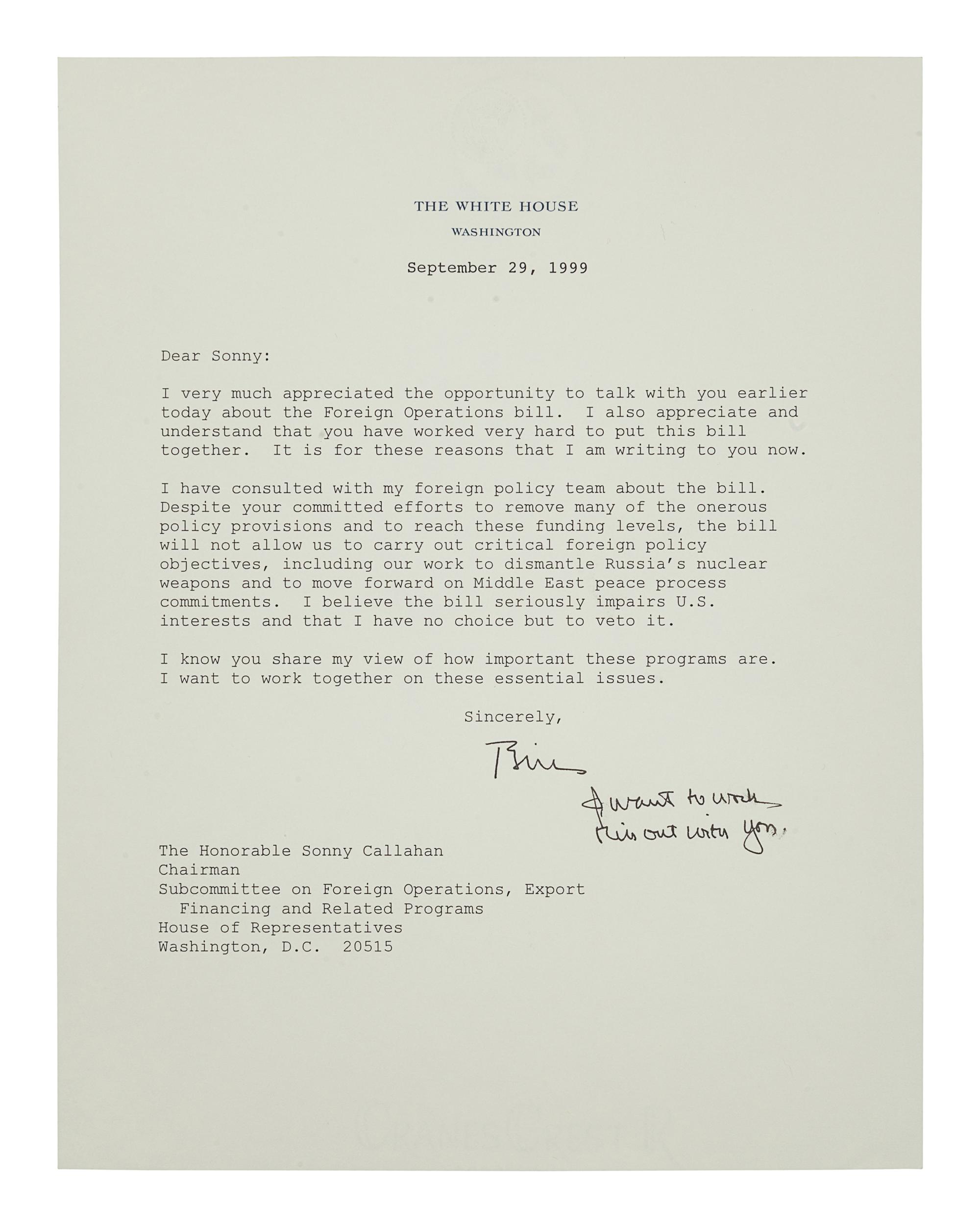 CLINTON, William Jefferson (b. 1946). Typed letter signed (“Bill Clinton”), with one holograph emendation, as United States President, to Carlos J. Moorhead. Washington D. C., 17 November 1993. 1 page, 8vo, on White House letterhead, three-hole punch.