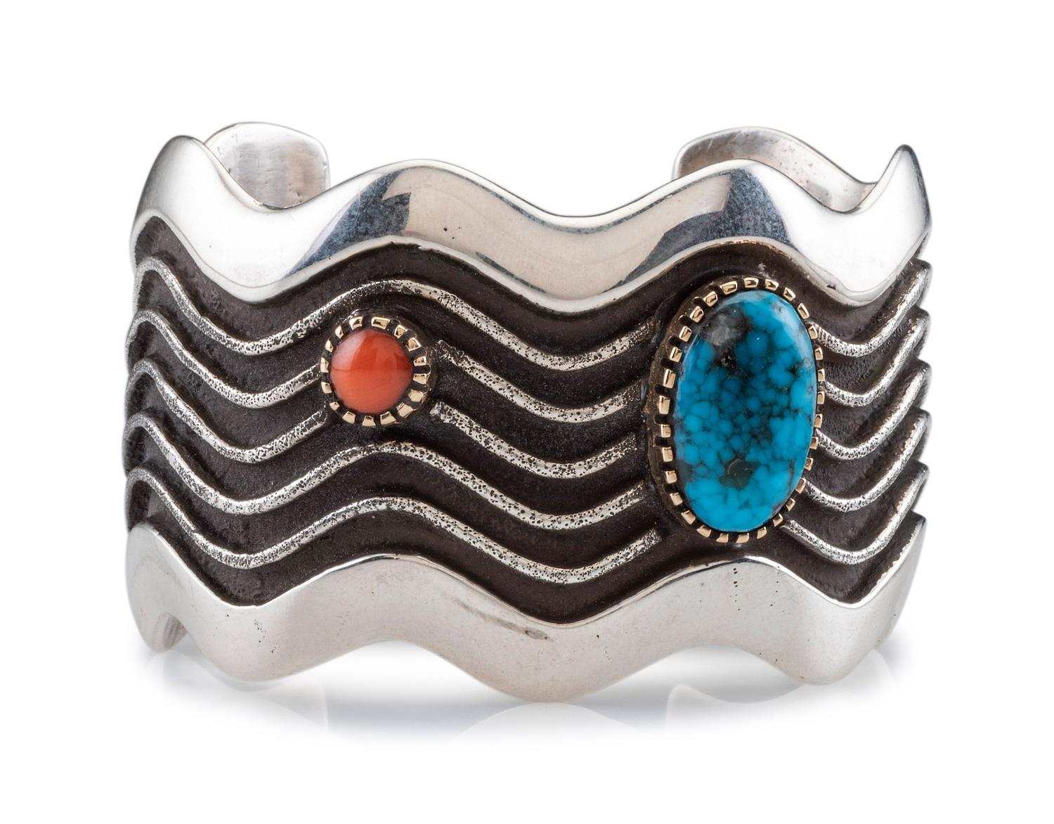 Silver Tufa Cast Wave Cuff Bracelet, set with Coral and Turquoise in 14K Gold Bezels