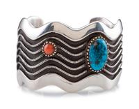 Silver Tufa Cast Wave Cuff Bracelet, set with Coral and Turquoise in 14K Gold Bezels