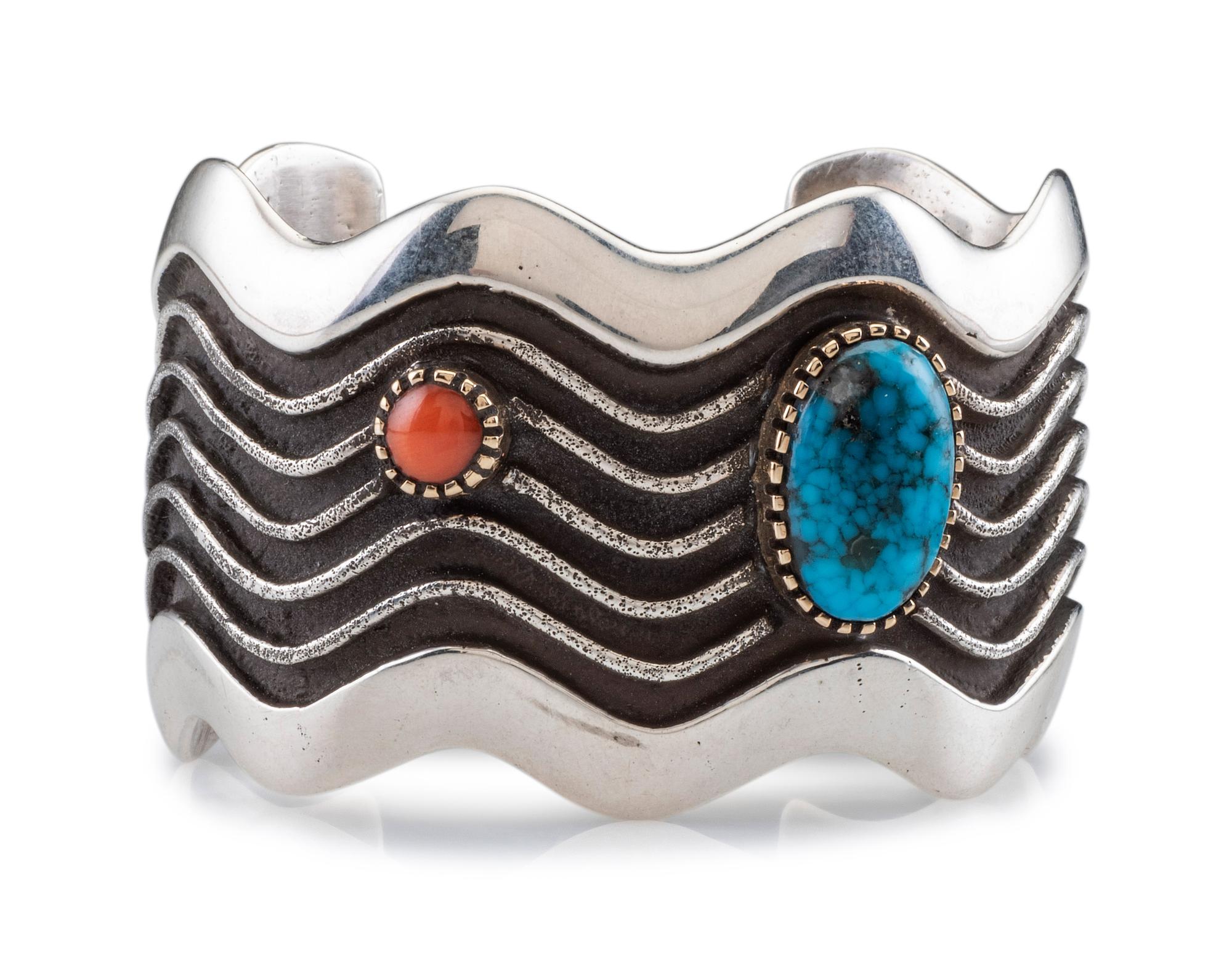 Silver Tufa Cast Wave Cuff Bracelet, set with Coral and Turquoise in 14K Gold Bezels