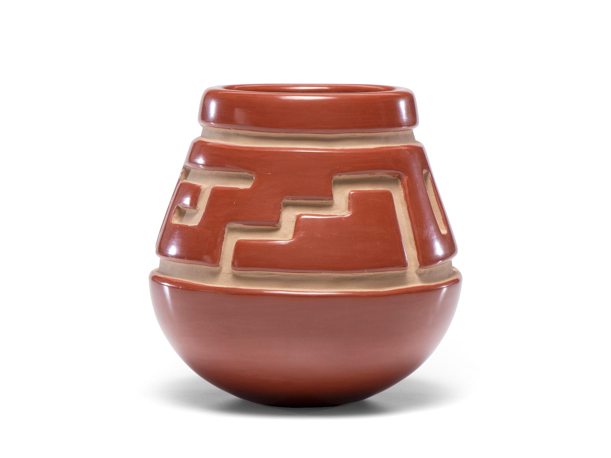 Deeply Carved Redware Pottery Vase