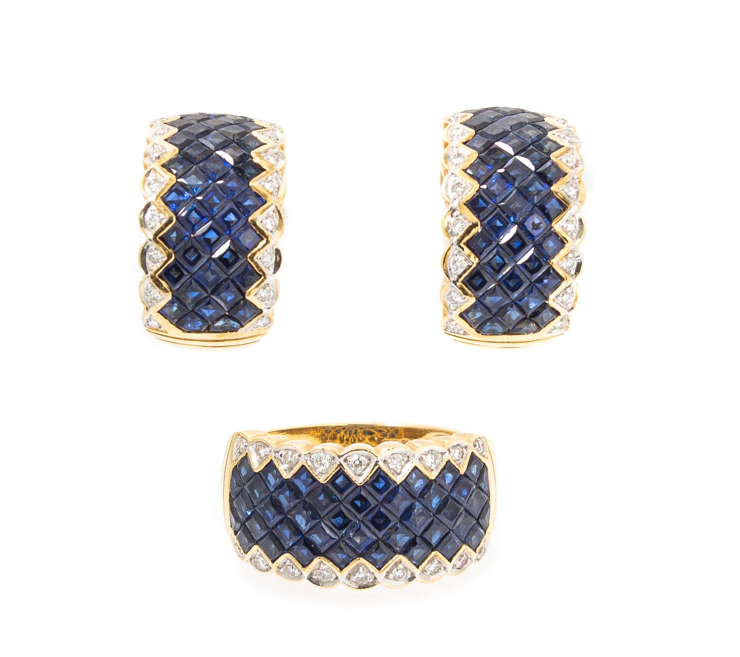 An 18 Karat Yellow Gold, Sapphire and Diamond Demi Parure, 15.35 dwts.