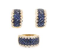 An 18 Karat Yellow Gold, Sapphire and Diamond Demi Parure, 15.35 dwts.