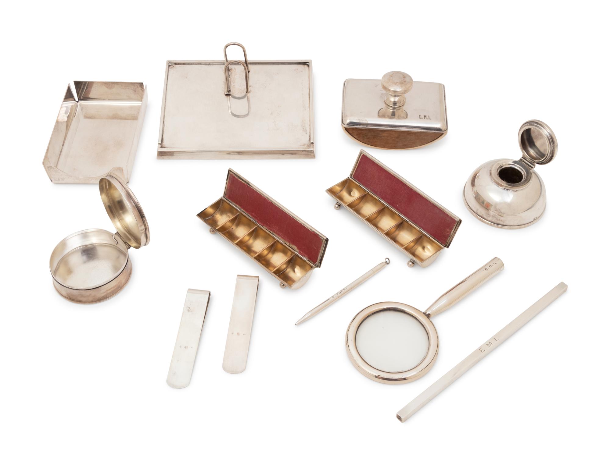 A Collection of Eleven Italian Silver Desk Articles