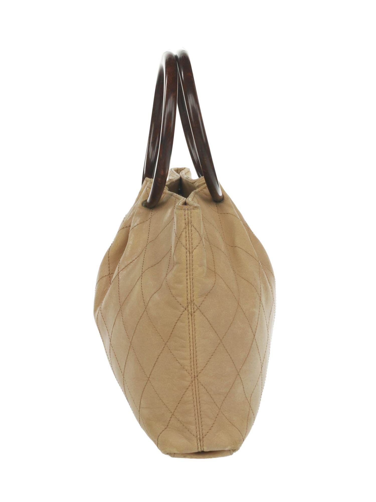 Chanel Wood Handle Tote in Quilted Tan Lambskin