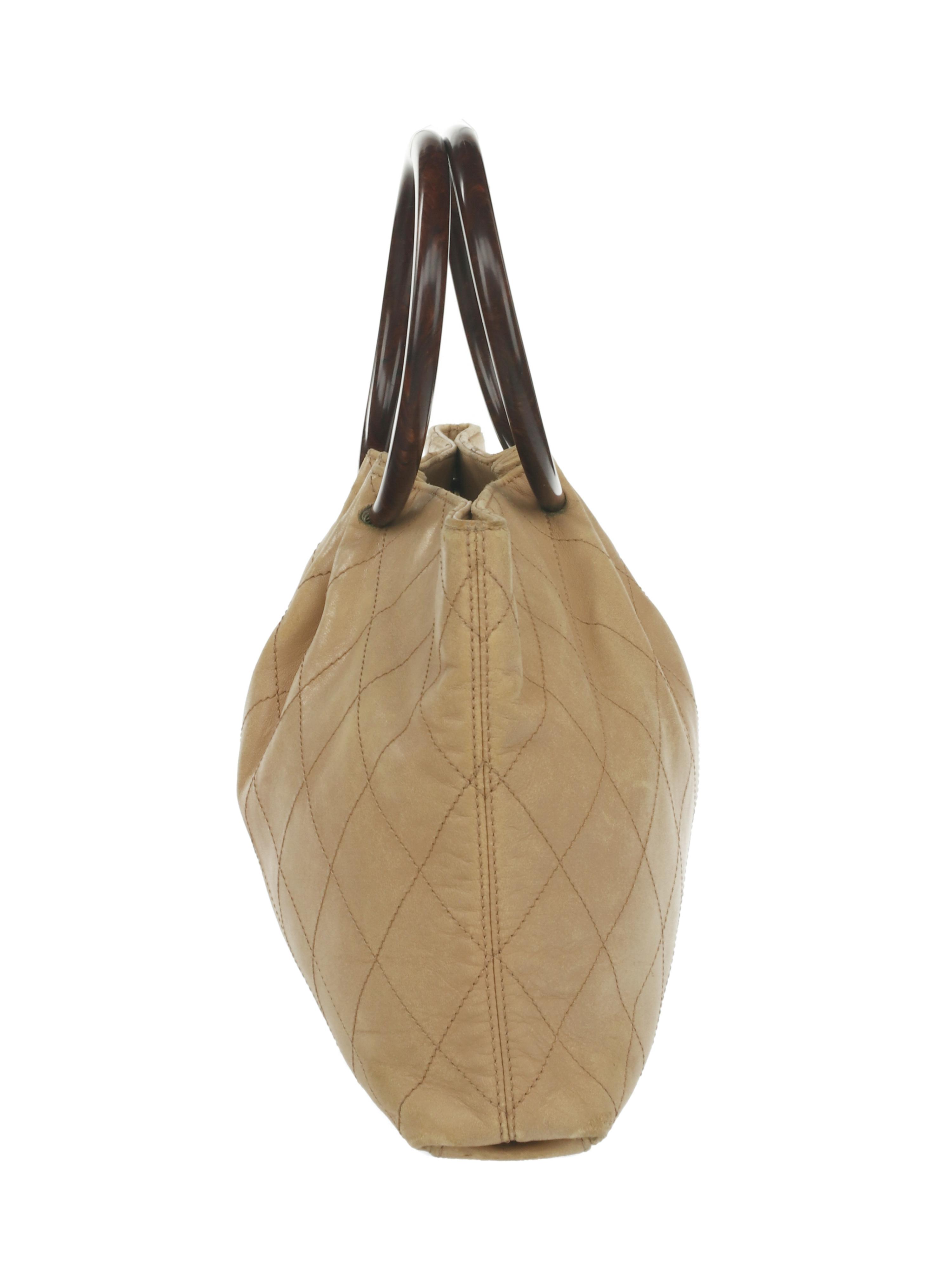 Chanel Wood Handle Tote in Quilted Tan Lambskin
