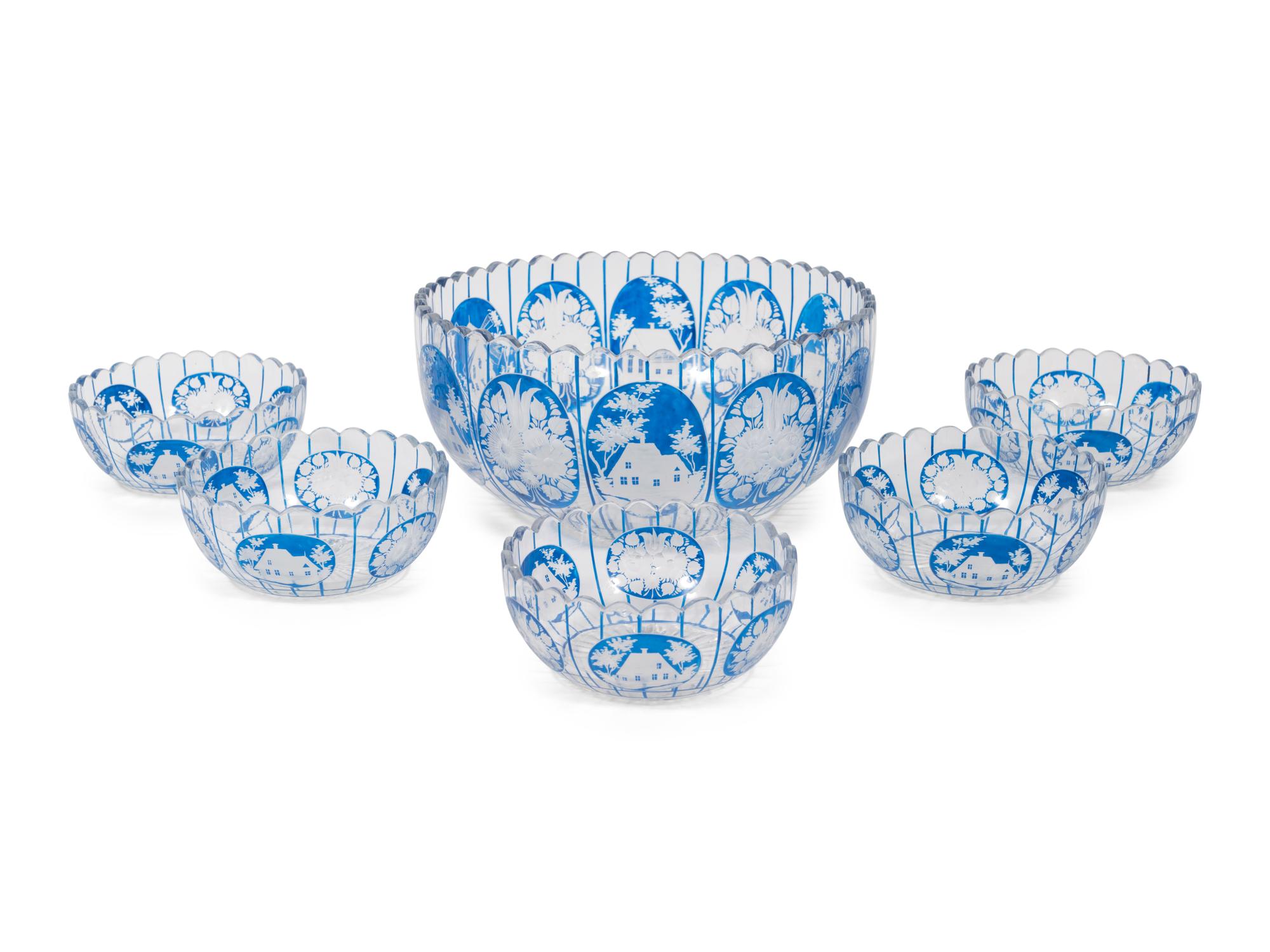 A Set of Bohemian Cobalt Cut-to-Clear Glass Bowls