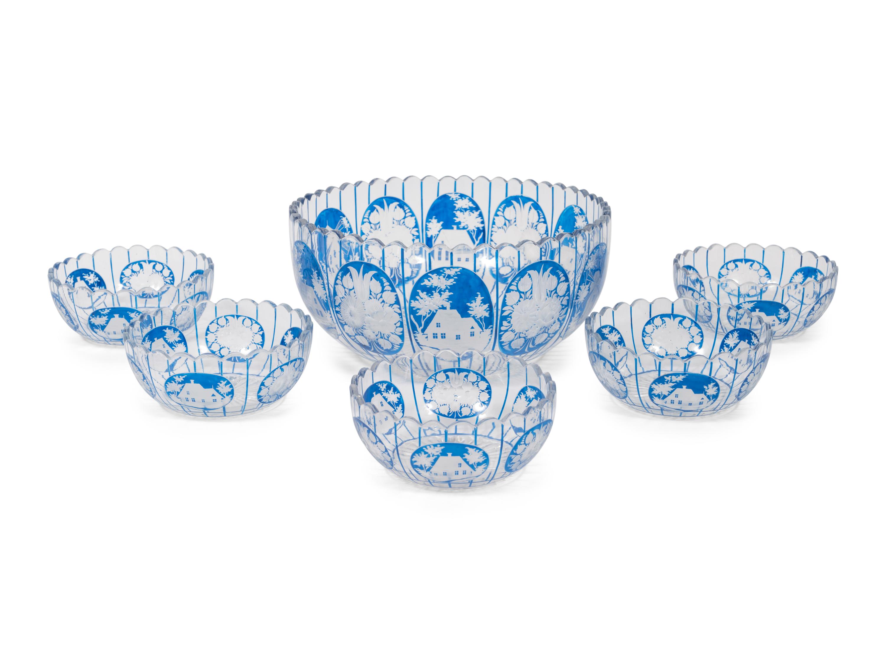 A Set of Bohemian Cobalt Cut-to-Clear Glass Bowls