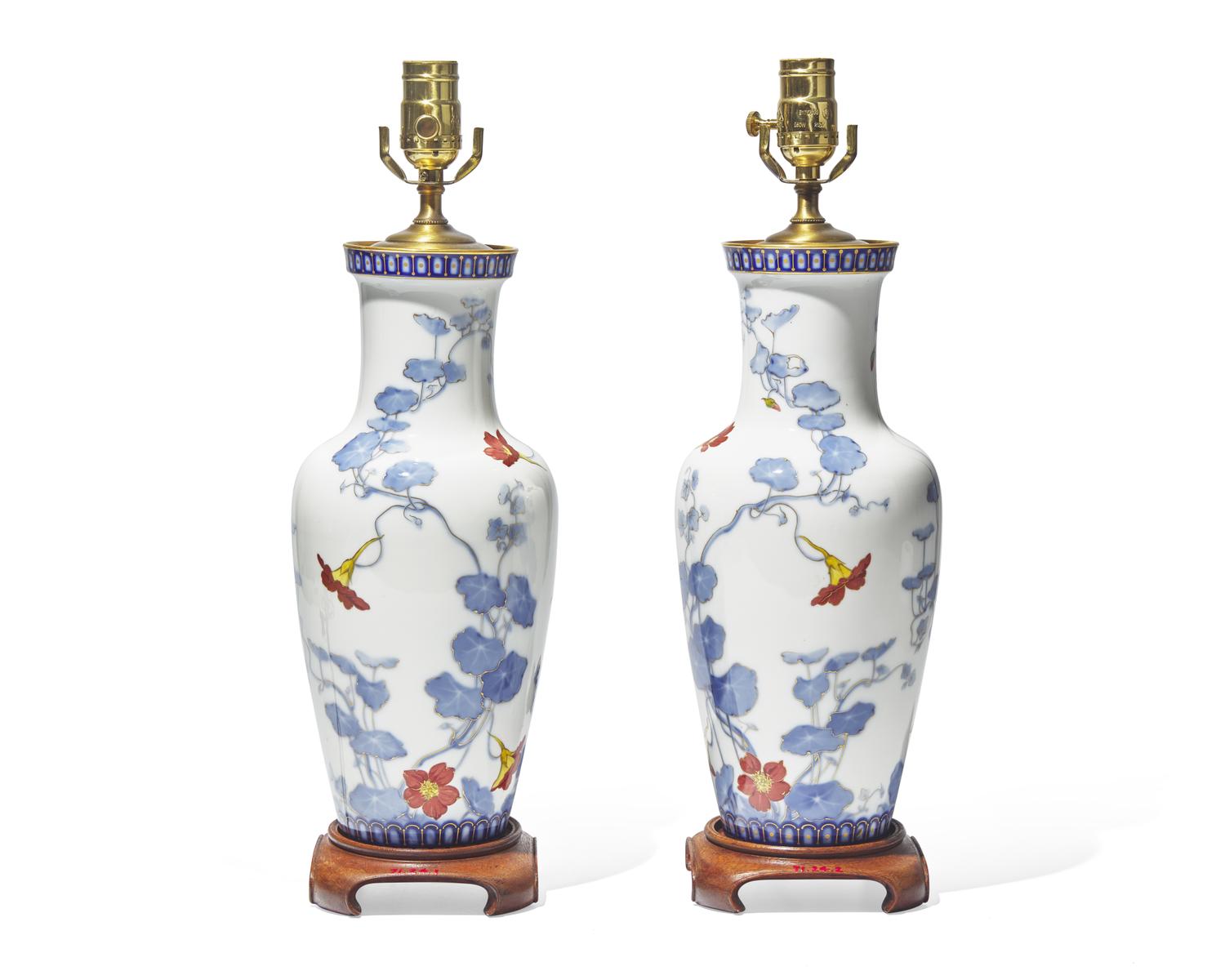 A pair of French porcelain baluster vases mounted as table lamps, probably Sèvres, Paris, France, circa 1880s