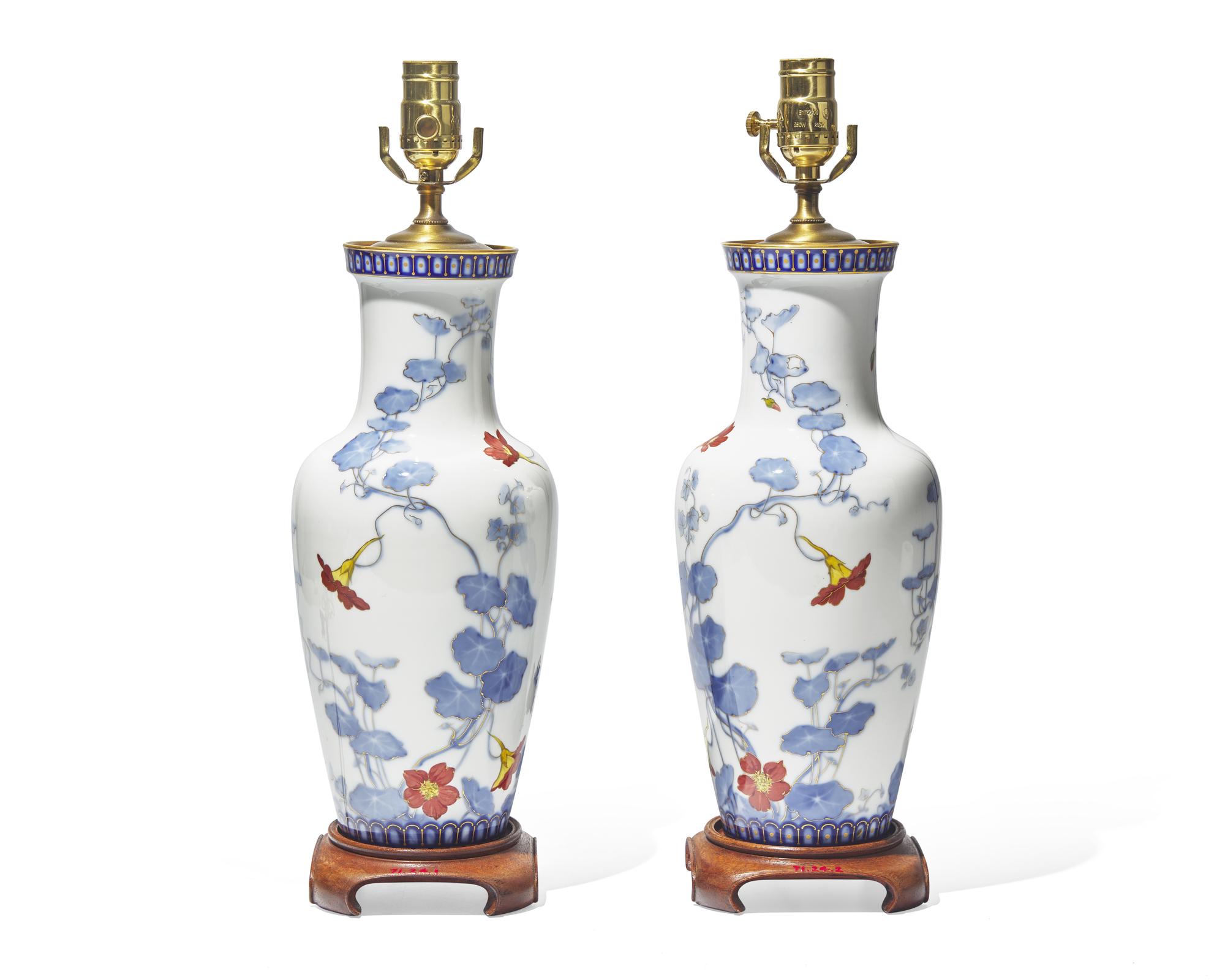 A pair of French porcelain baluster vases mounted as table lamps, probably Sèvres, Paris, France, circa 1880s