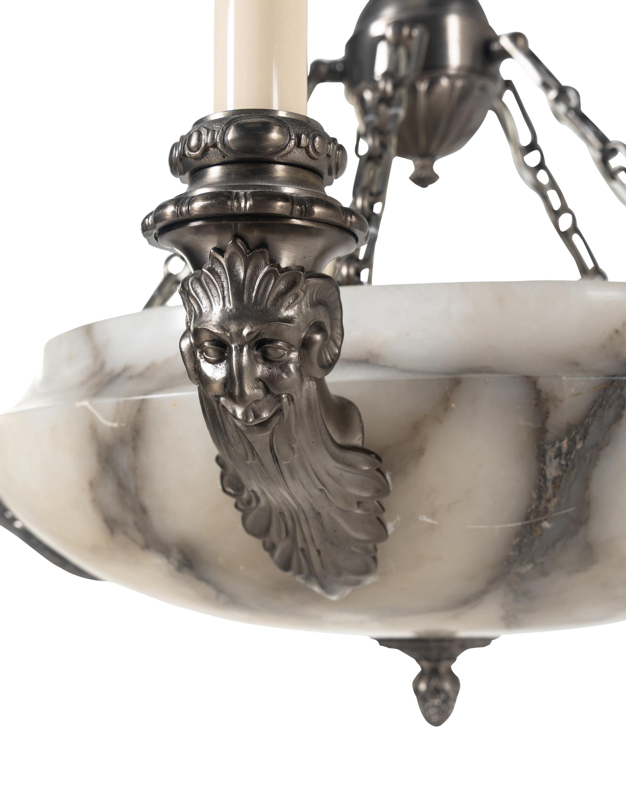 A Neoclassical Style Silvered Brass and Alabaster Five-Light Chandelier