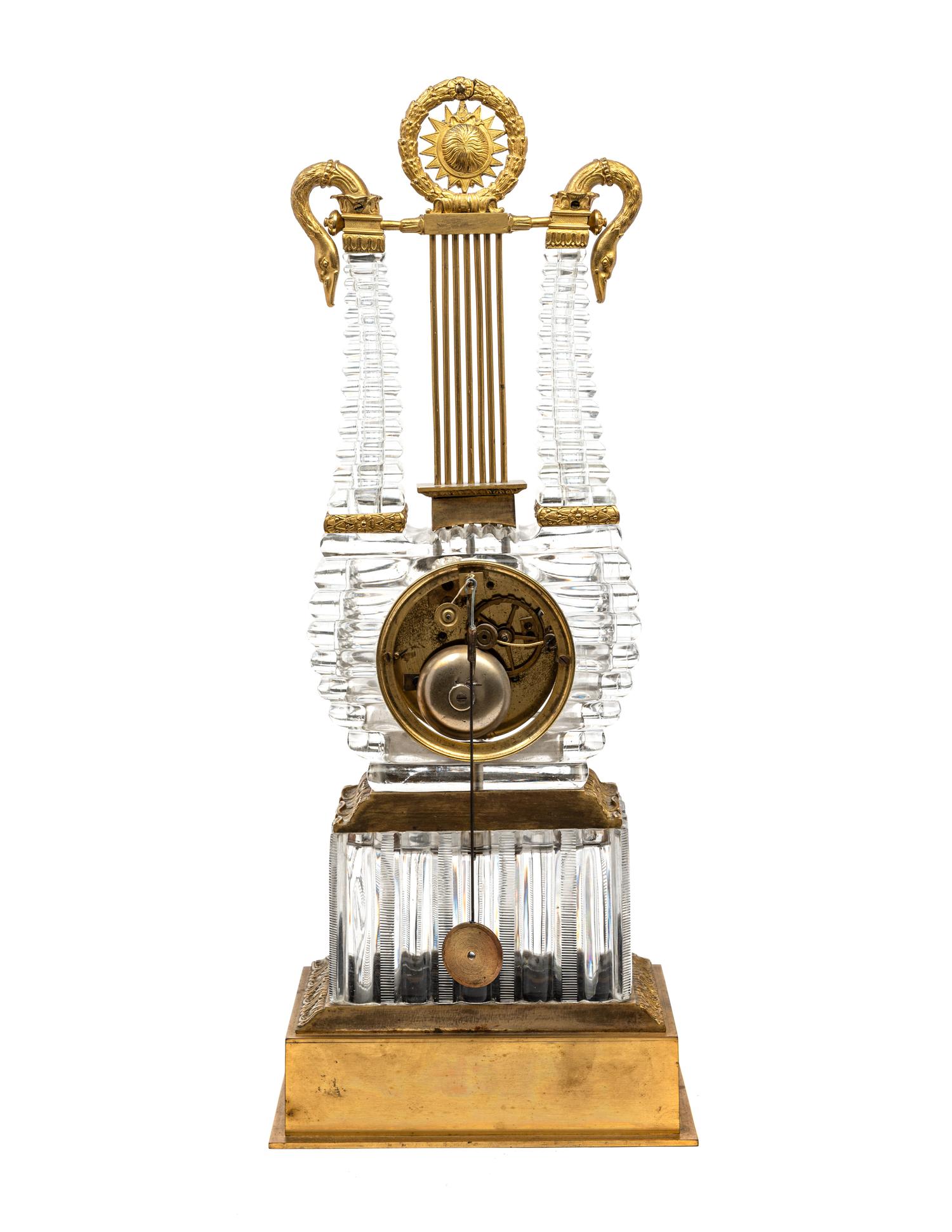 A Charles X Gilt Bronze and Cut Glass Lyre-Form Clock Attributed to l'Escalier de Cristal