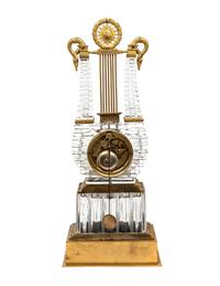 A Charles X Gilt Bronze and Cut Glass Lyre-Form Clock Attributed to l'Escalier de Cristal