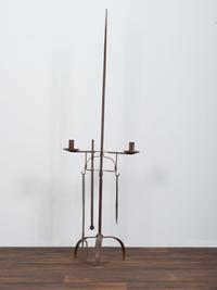 A Set of Wrought and Forged Iron Fireplace Tools on Stand
