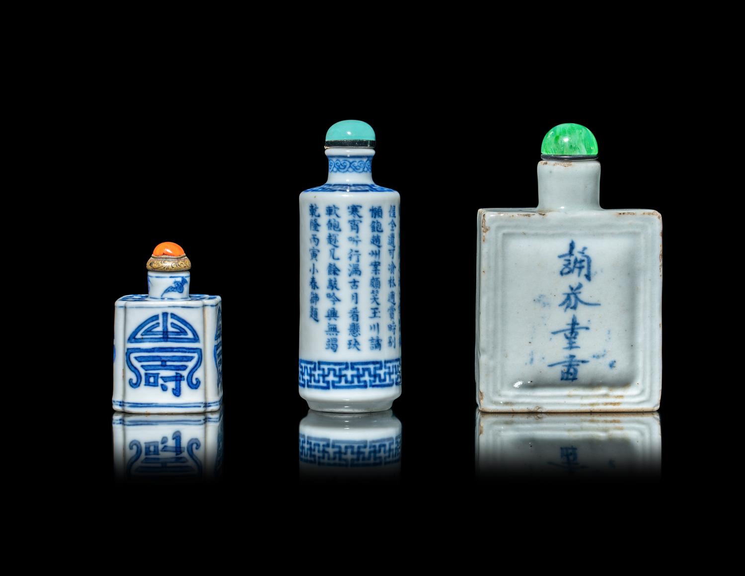 Three Chinese Blue and White Porcelain Snuff Bottles