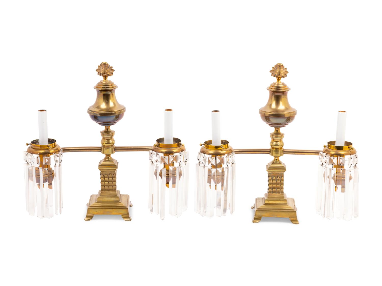 A Pair of Brass and Glass Two-Light Argand Lamps