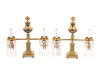A Pair of Brass and Glass Two-Light Argand Lamps