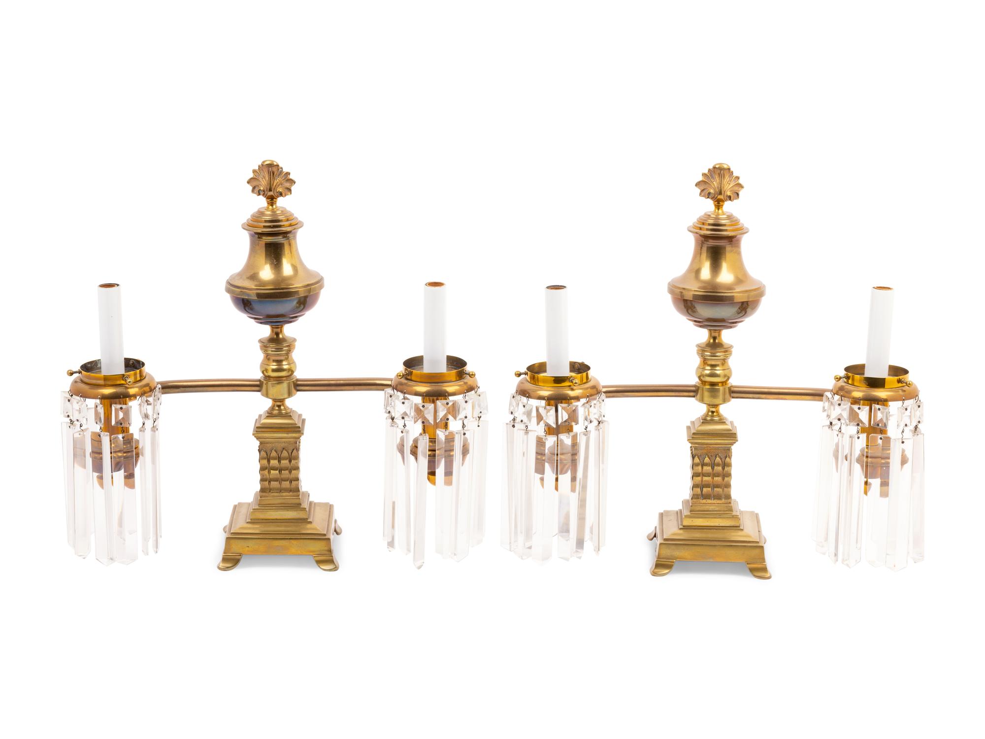 A Pair of Brass and Glass Two-Light Argand Lamps