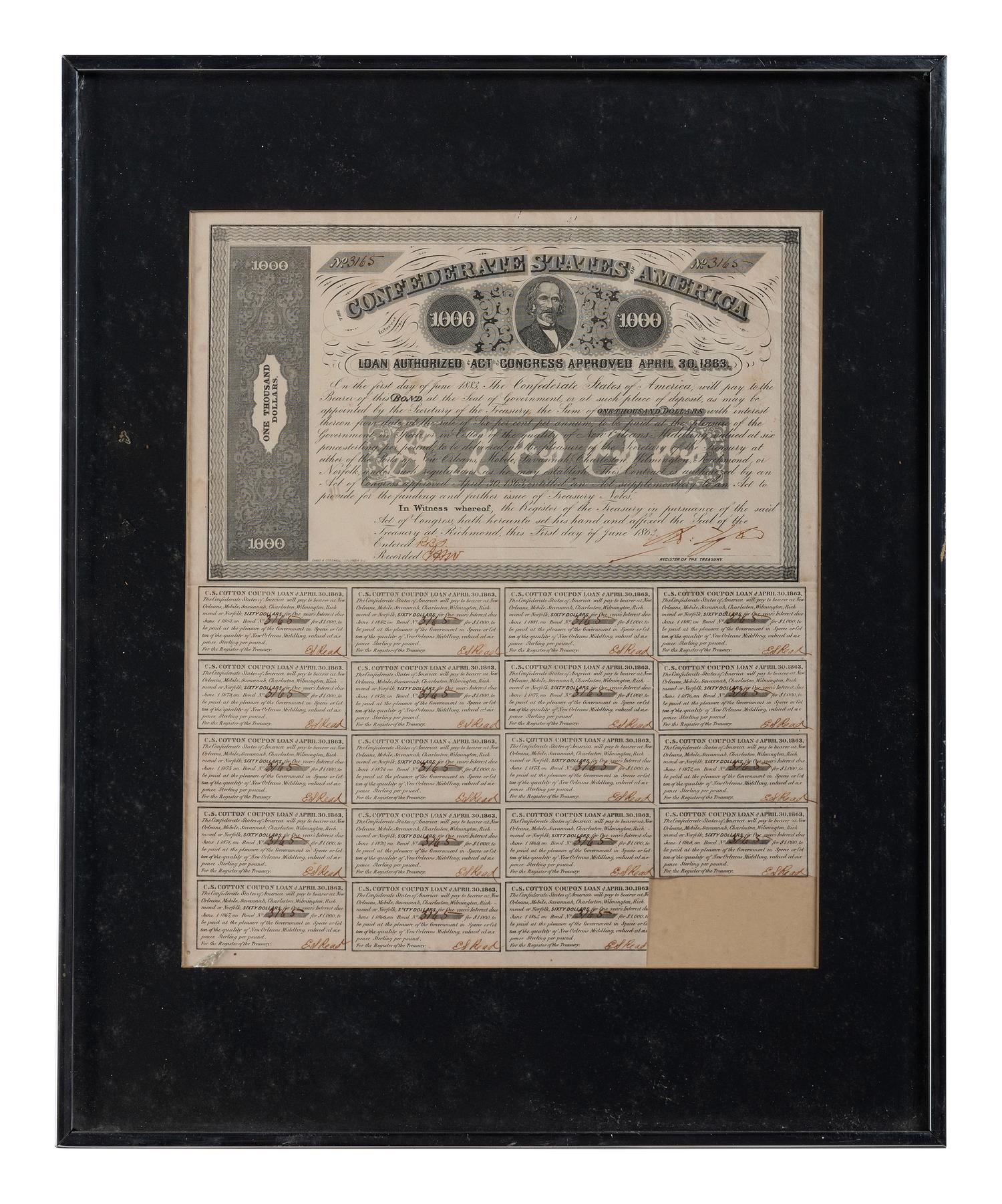[CIVIL WAR]. A group of 11 Confederate bonds, incl. $500 and $1000 examples.