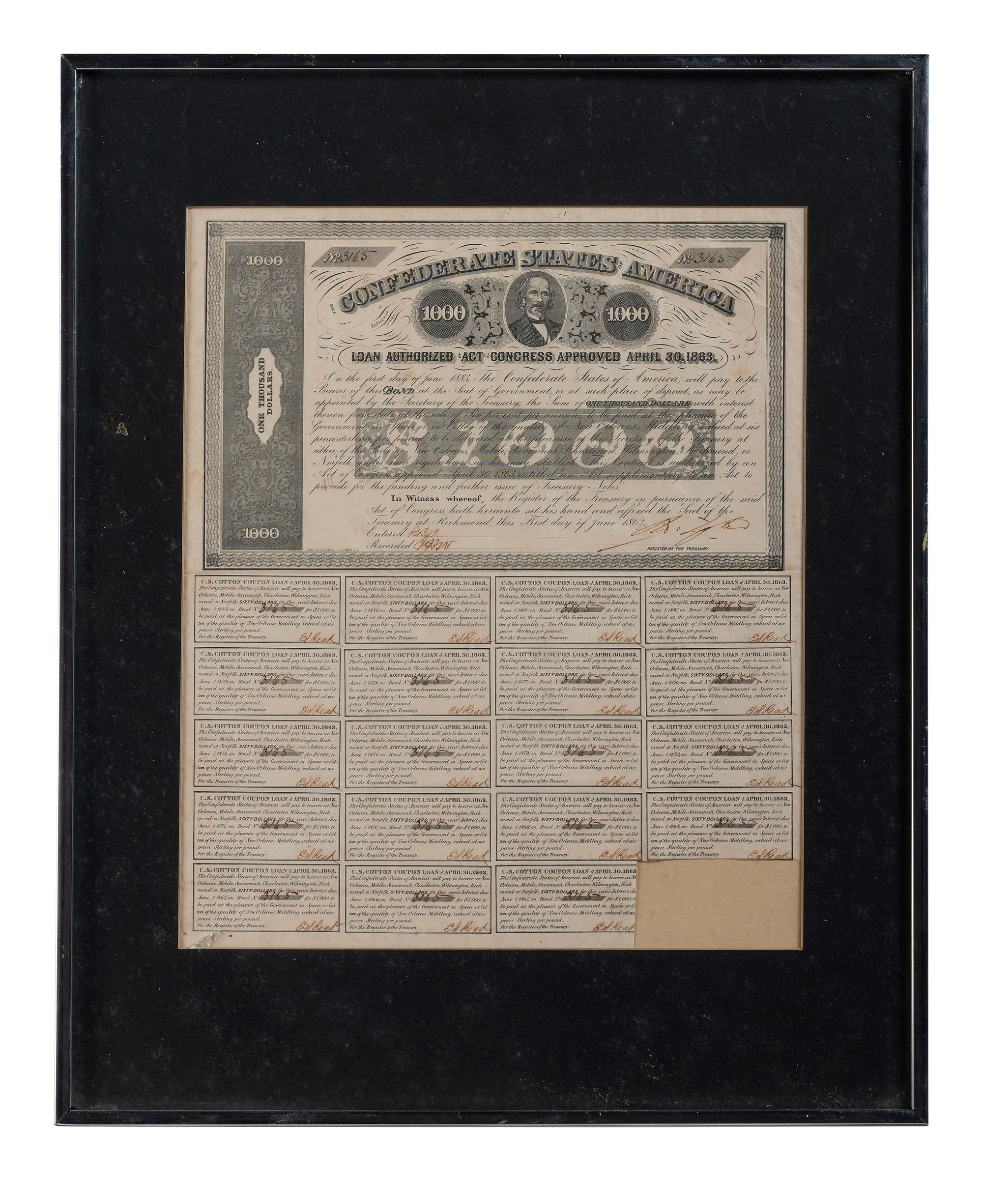 [CIVIL WAR]. A group of 11 Confederate bonds, incl. $500 and $1000 examples.