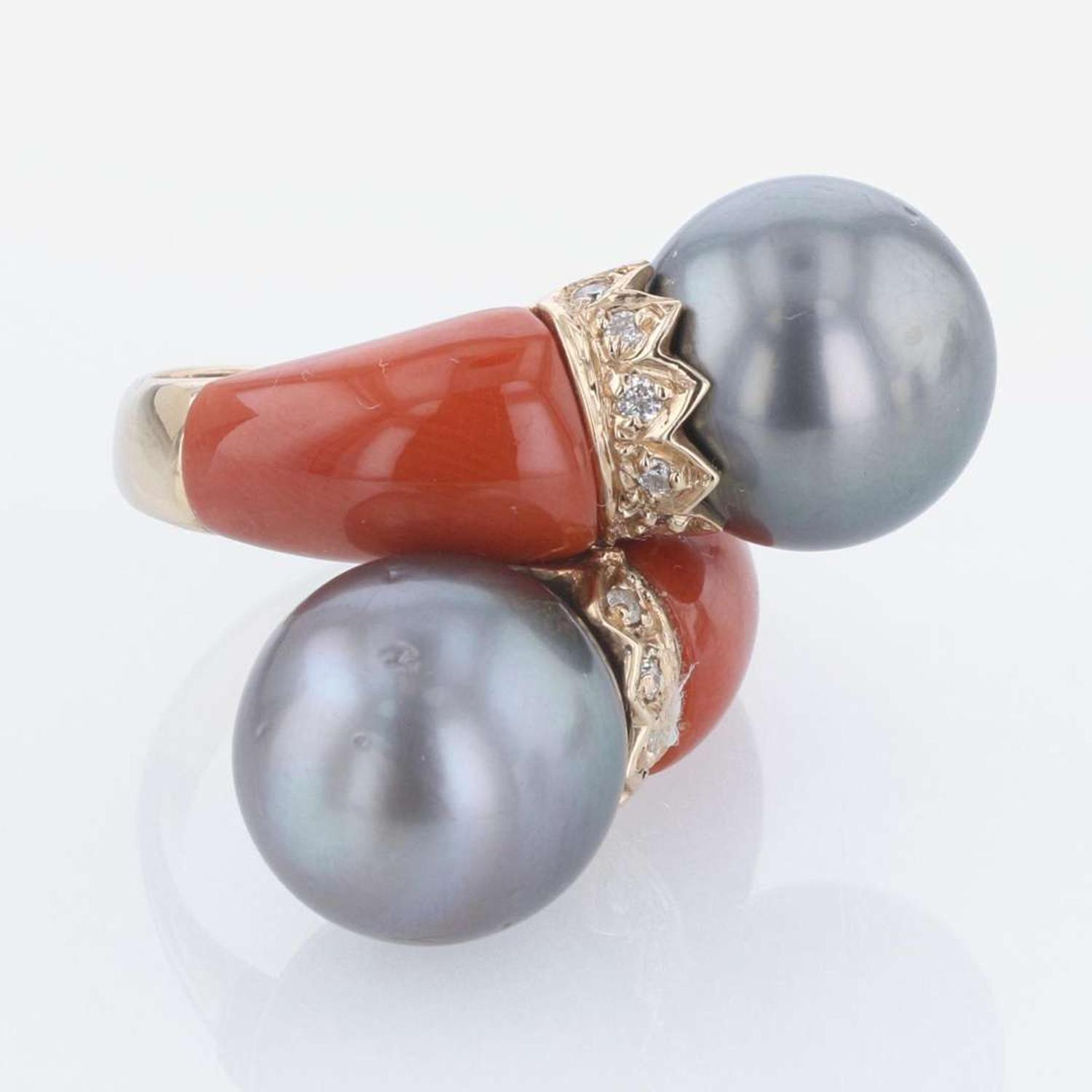 A 14K Yellow Gold Tahitian Pearl, Coral, and Diamond Ring Italian,