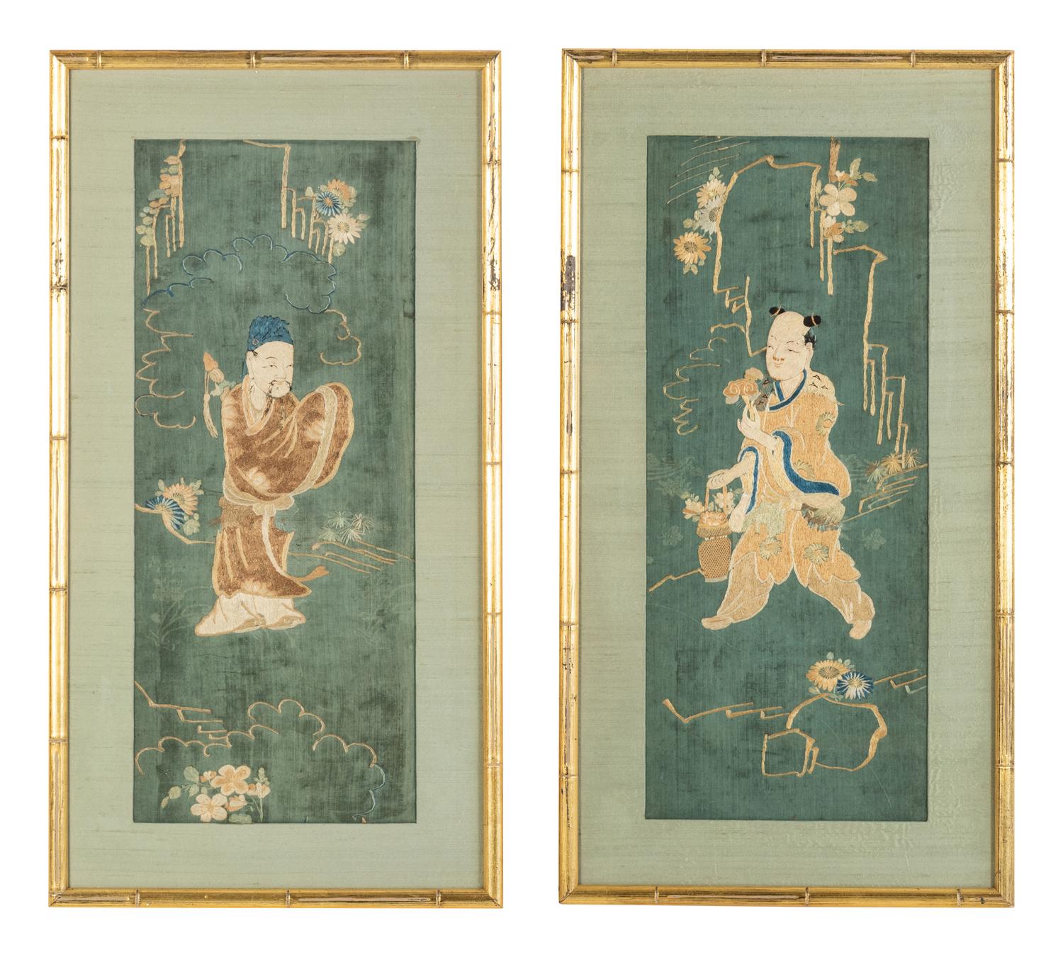 Two Chinese Embroidered and Woven Silk Panels