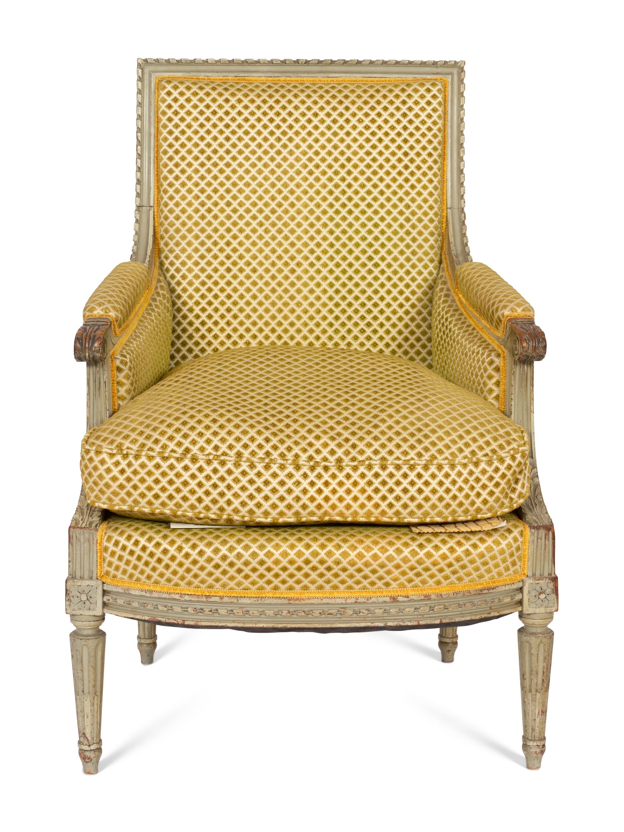 A Louis XVI Style Gray-Painted Beech Bergère