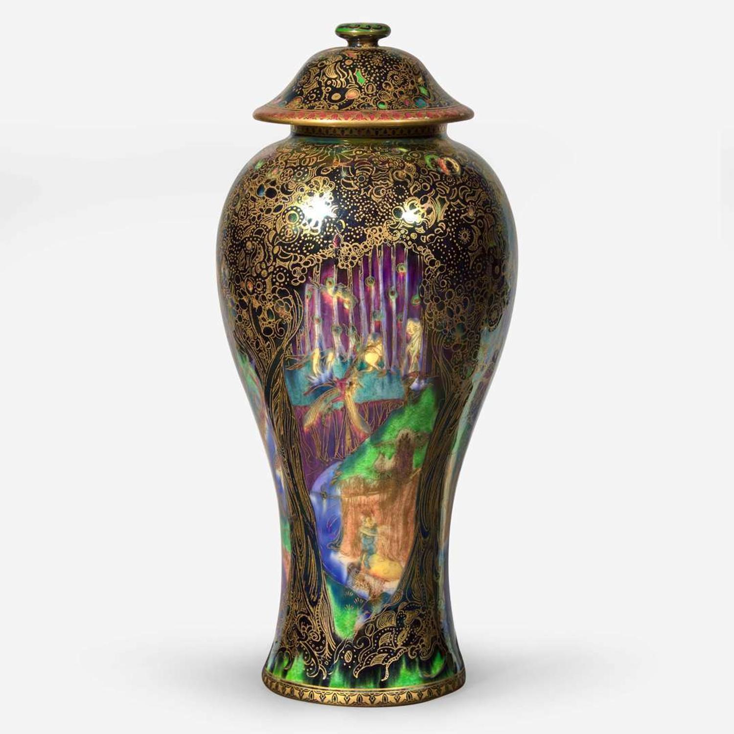 A Wedgwood Black Fairyland Lustre "Jewelled Tree" Vase and Cover UK, circa 1925