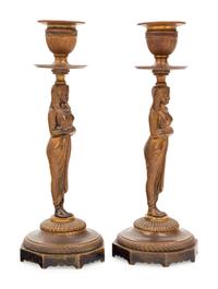 A Pair of Egyptian Revival Bronze Figural Candlesticks