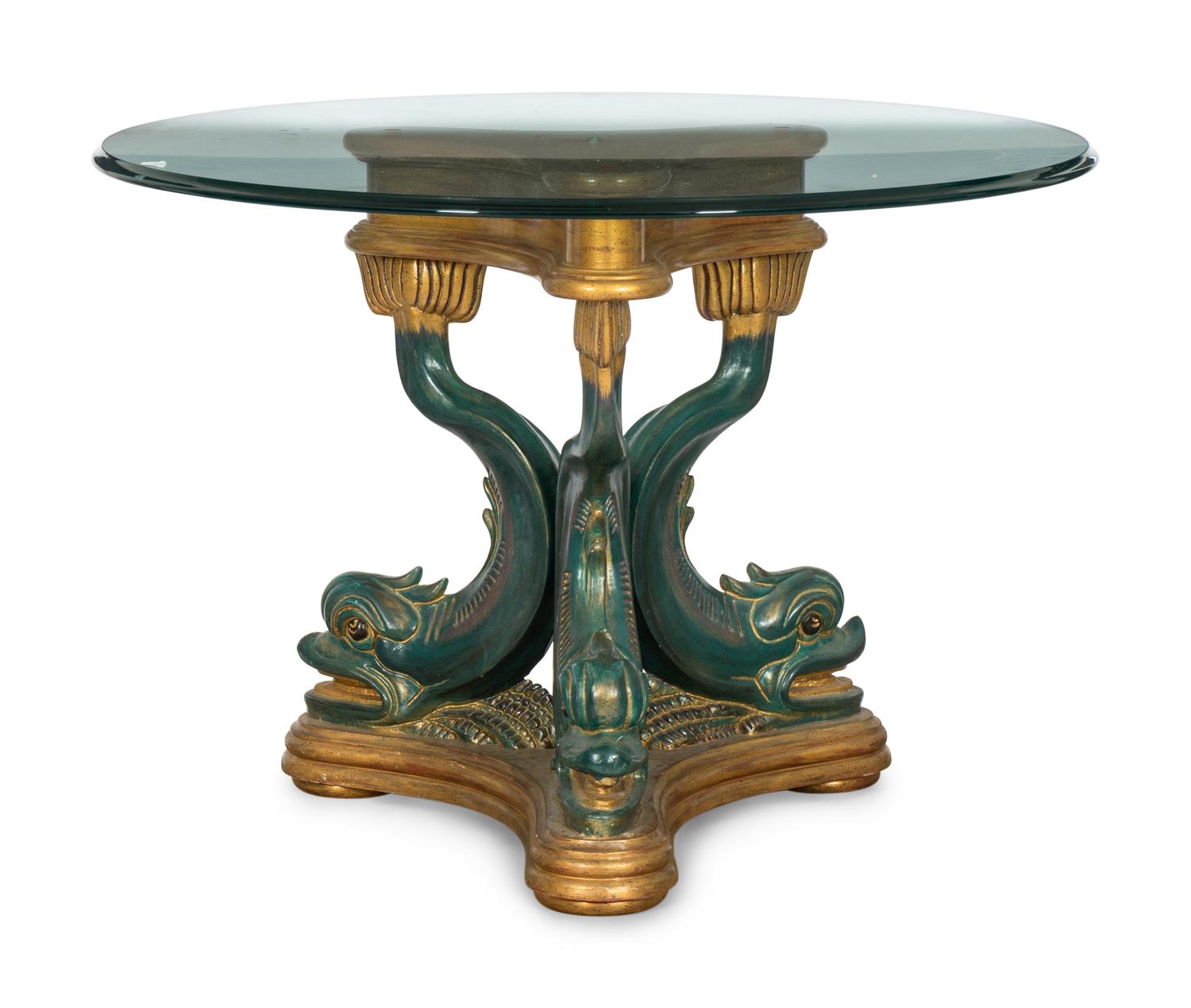 A Painted and Parcel Gilt Glass-Top Dolphin Form Pedestal Table