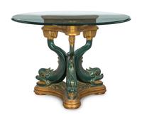 A Painted and Parcel Gilt Glass-Top Dolphin Form Pedestal Table
