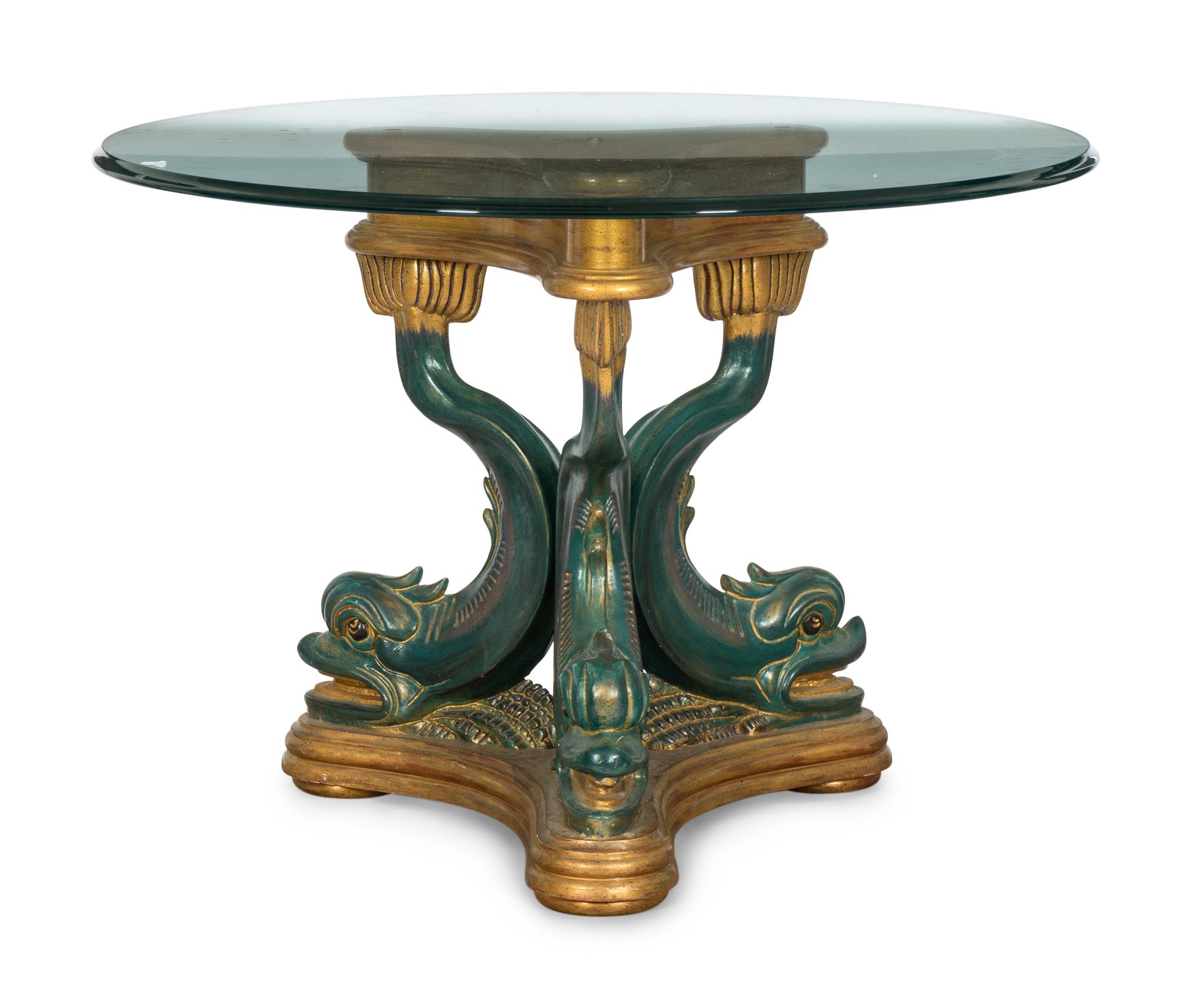 A Painted and Parcel Gilt Glass-Top Dolphin Form Pedestal Table