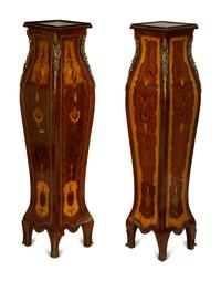 A Pair of Louis XV Style Gilt-Metal Mounted Marquetry Pedestals