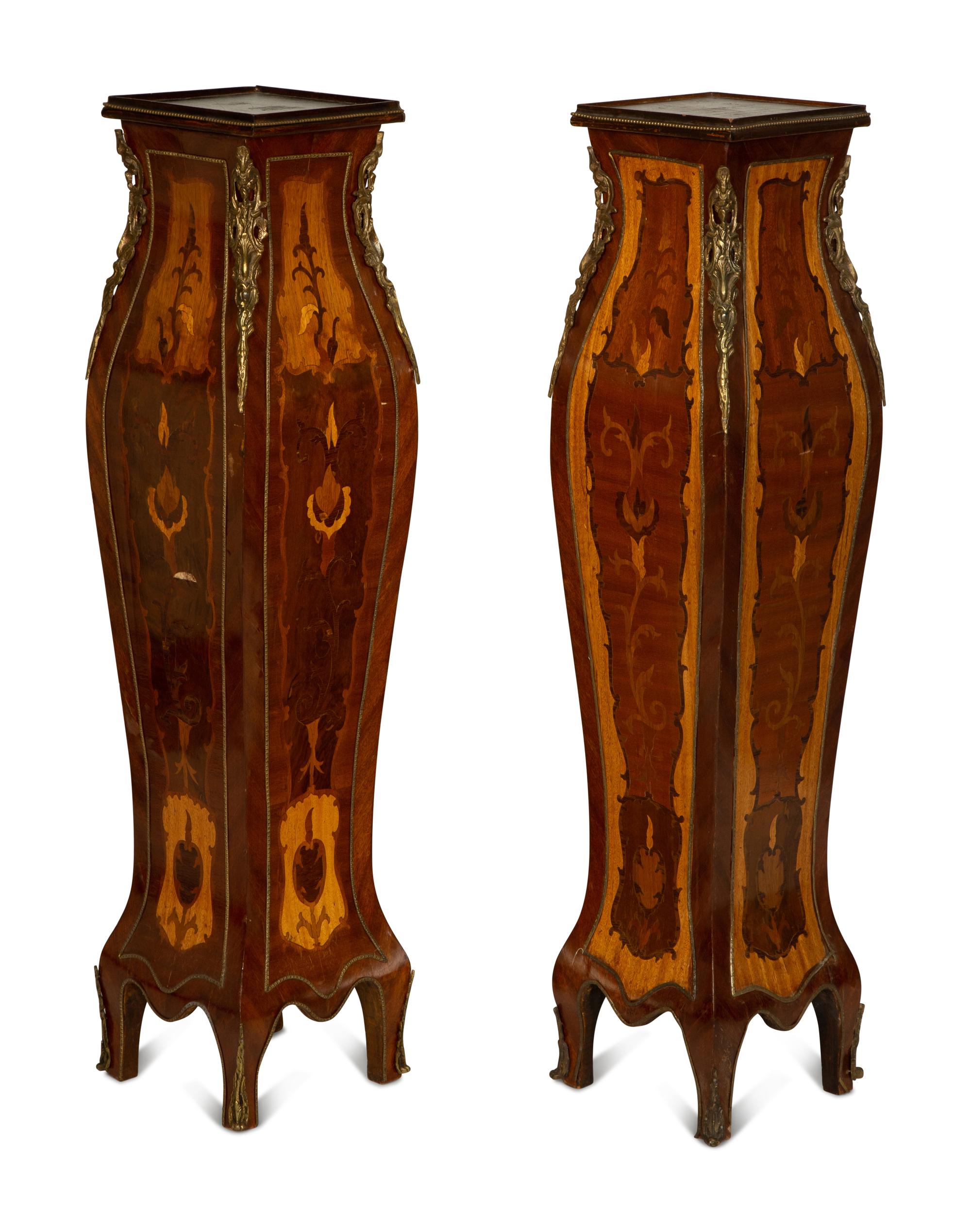 A Pair of Louis XV Style Gilt-Metal Mounted Marquetry Pedestals
