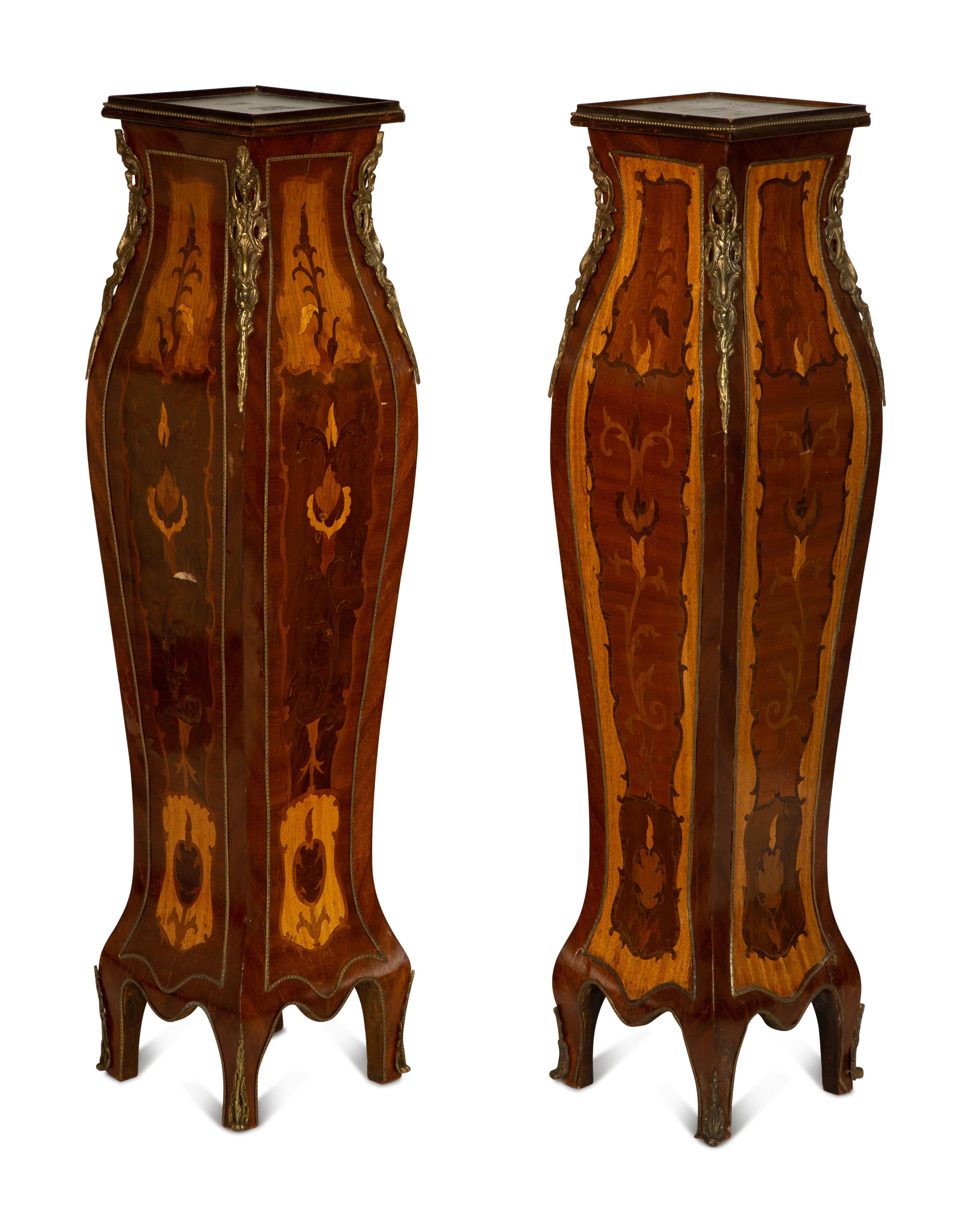 A Pair of Louis XV Style Gilt-Metal Mounted Marquetry Pedestals