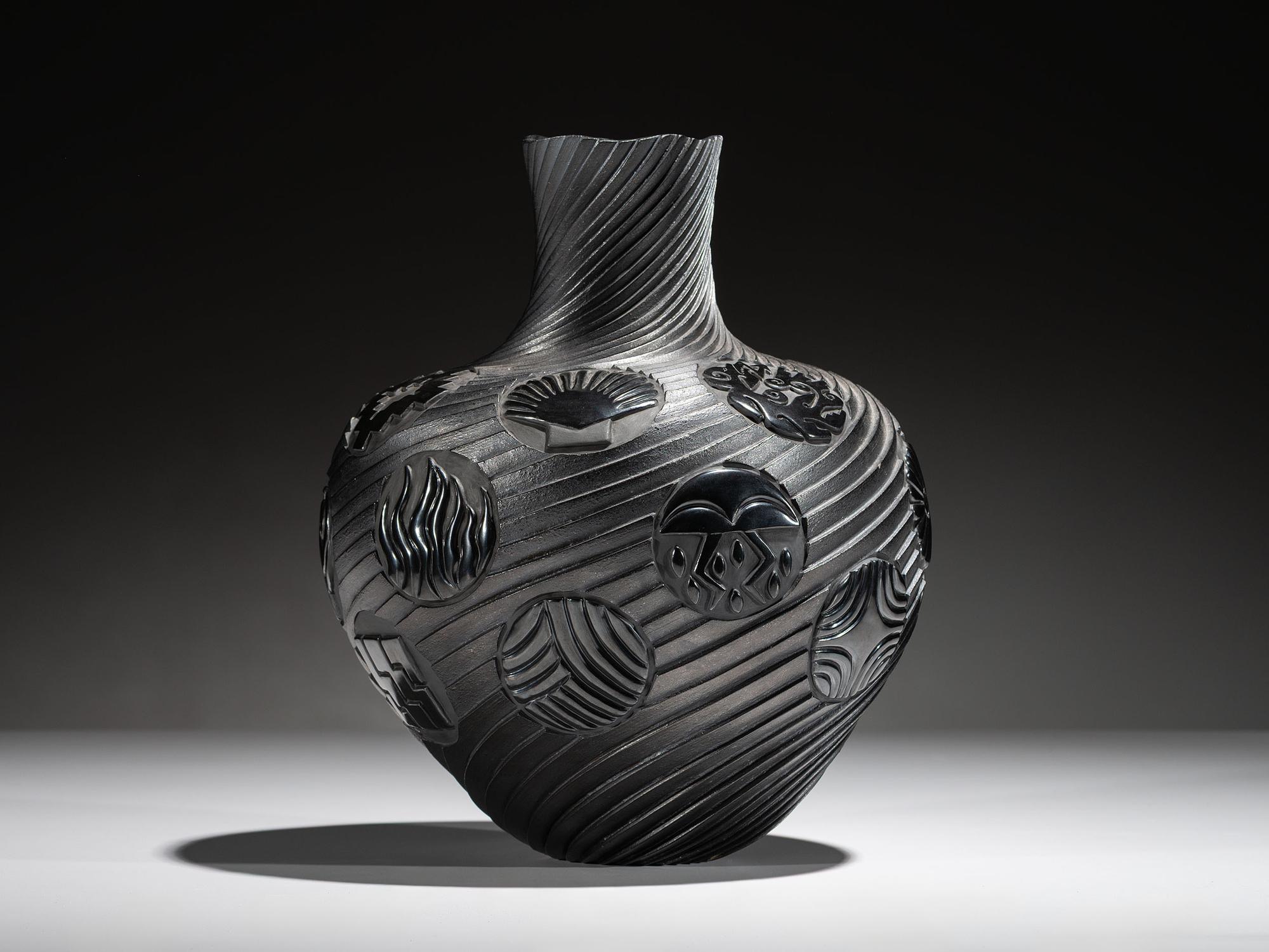 Micaceous Blackware Swirling Pottery Jar, Collaboration