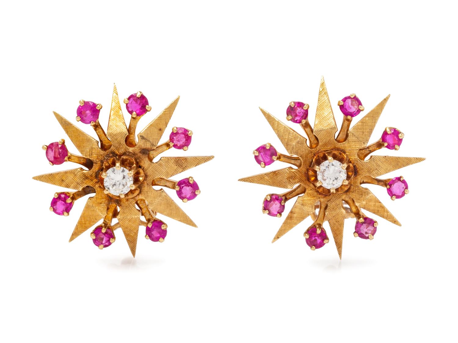 A Pair of Retro Yellow Gold, Diamond and Ruby Starburst Earclips,
